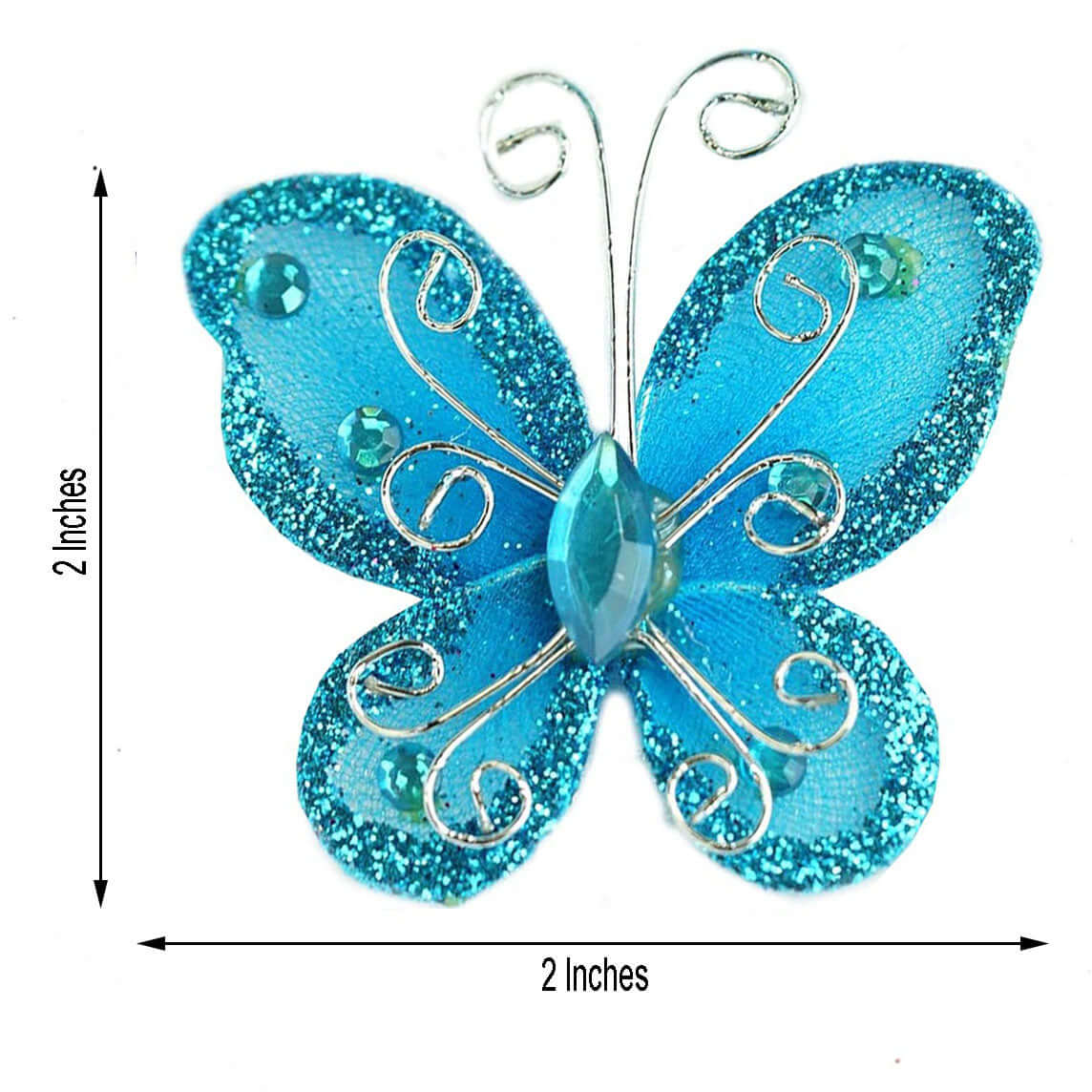 12 Pack 2 Turquoise Diamond Studded Wired Organza Butterflies