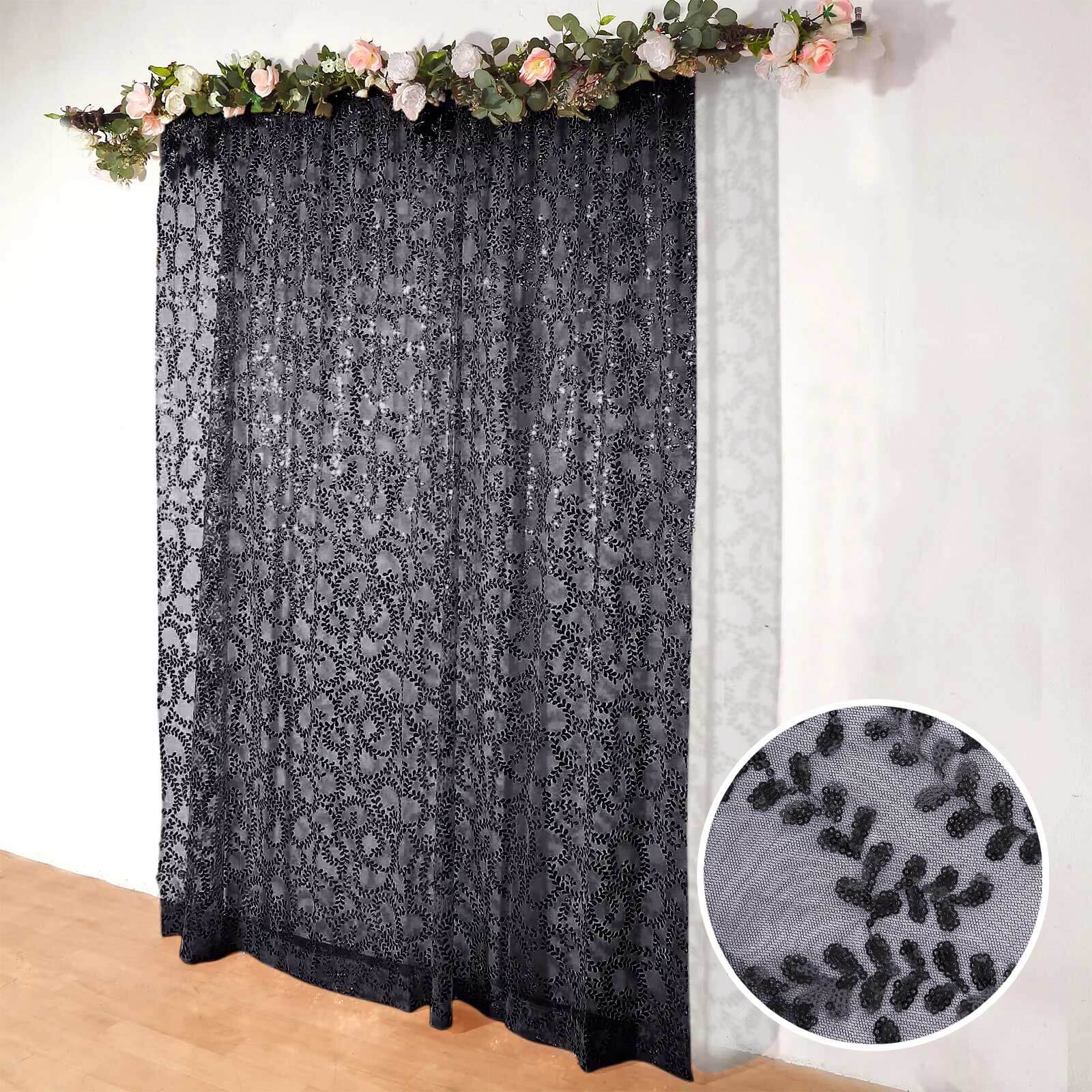 8ftx8ft Black Embroider Sequin Event Curtain Drapes, Sparkly Sheer Backdrop Event Panel With Embroidery Leaf