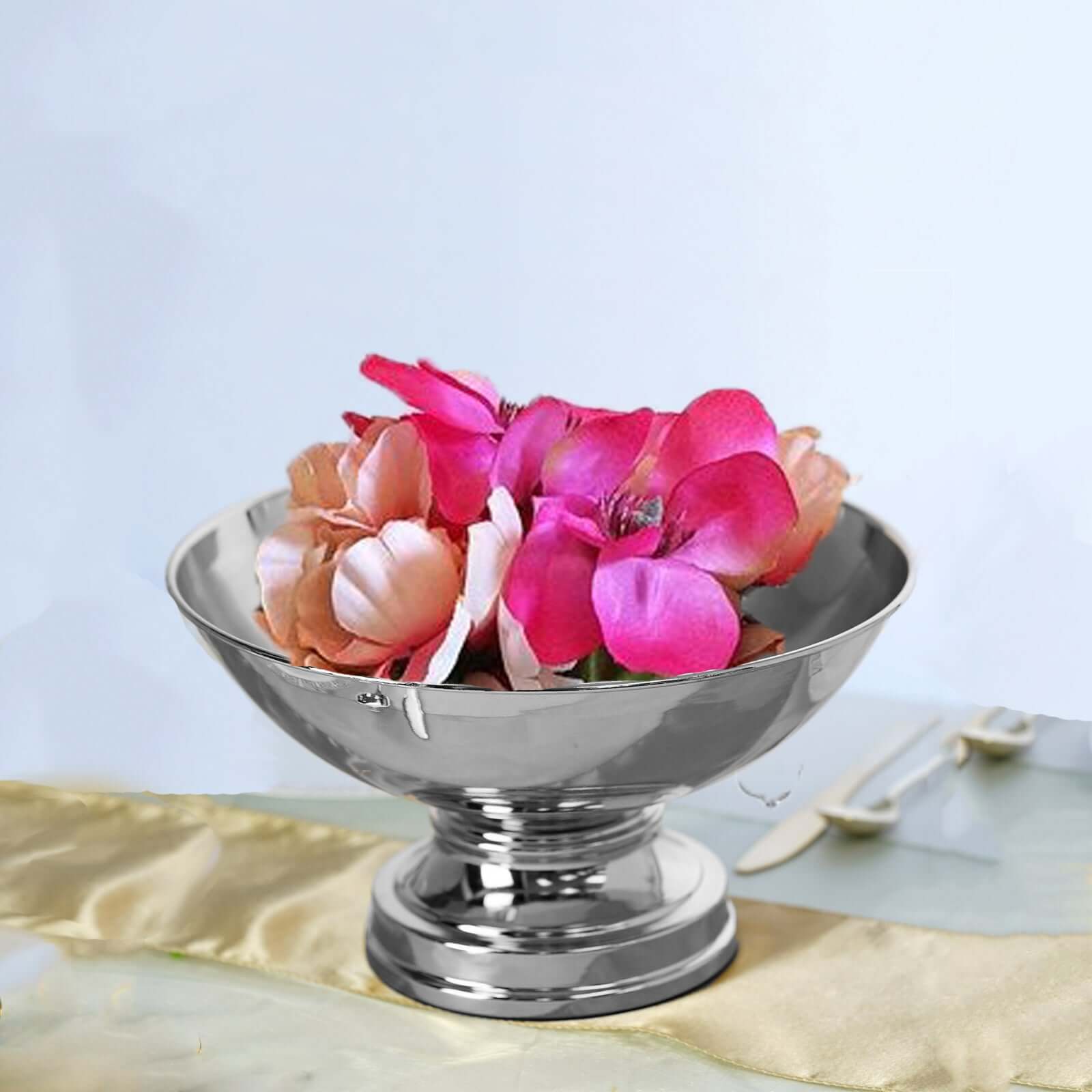 Metal Pedestal Flower Pot Round Design Metallic Silver - Floating Candle Bowl and Display Dish 12