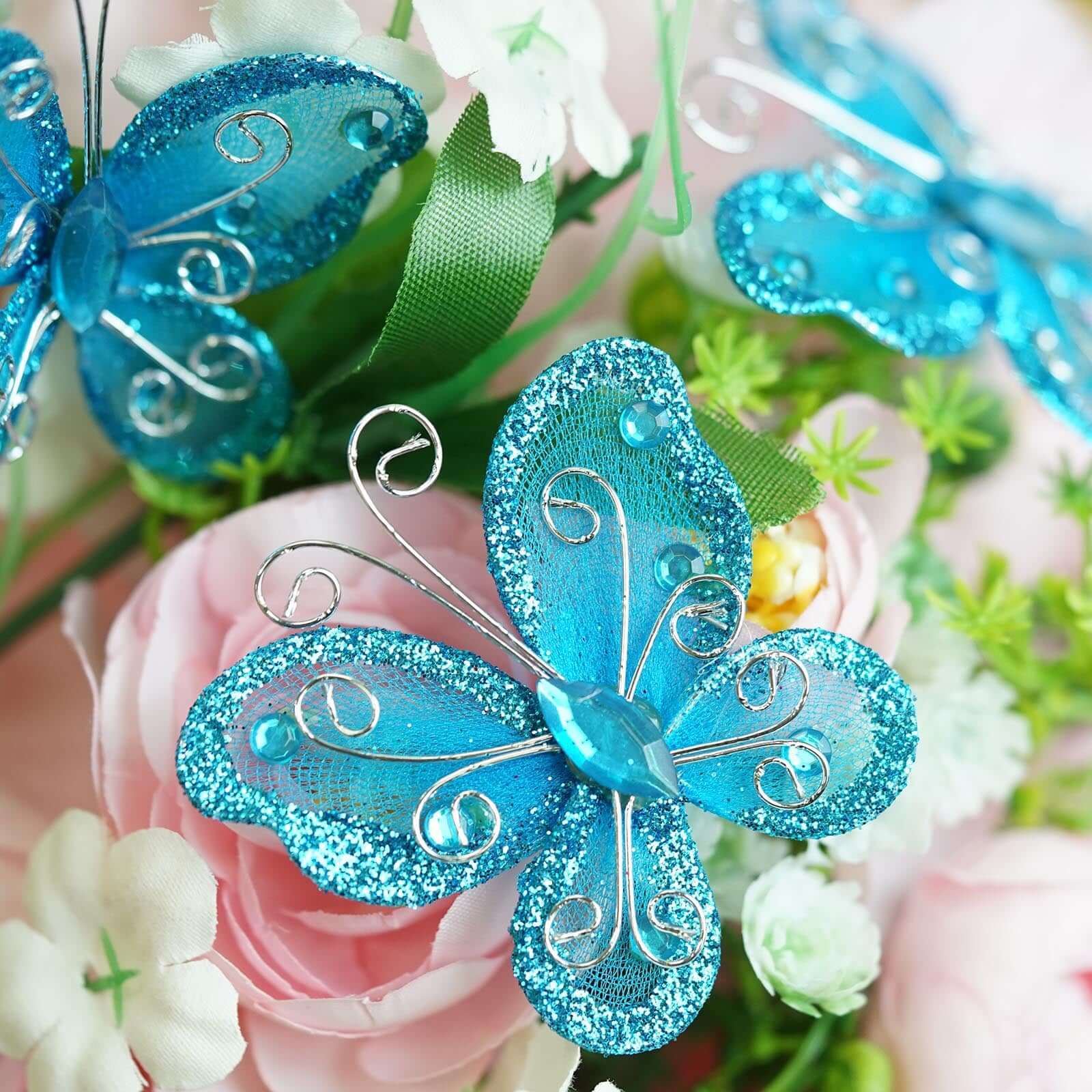 12 Pack 2 Turquoise Diamond Studded Wired Organza Butterflies