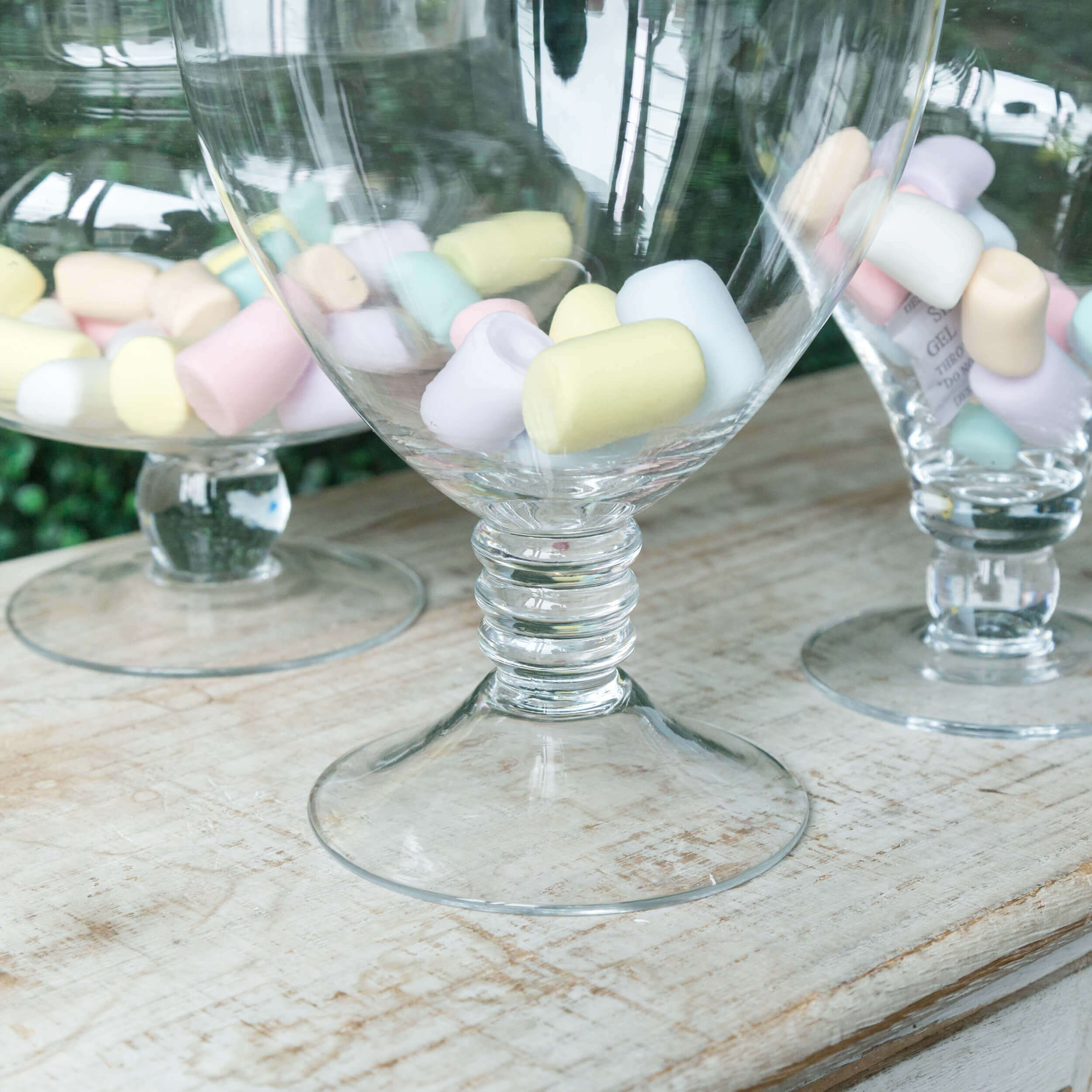 Set of 3 Glass Candy Jars Pedestal Apothecary Design Clear with Snap-On Lids - Stylish Party Favor Containers 10/12/14