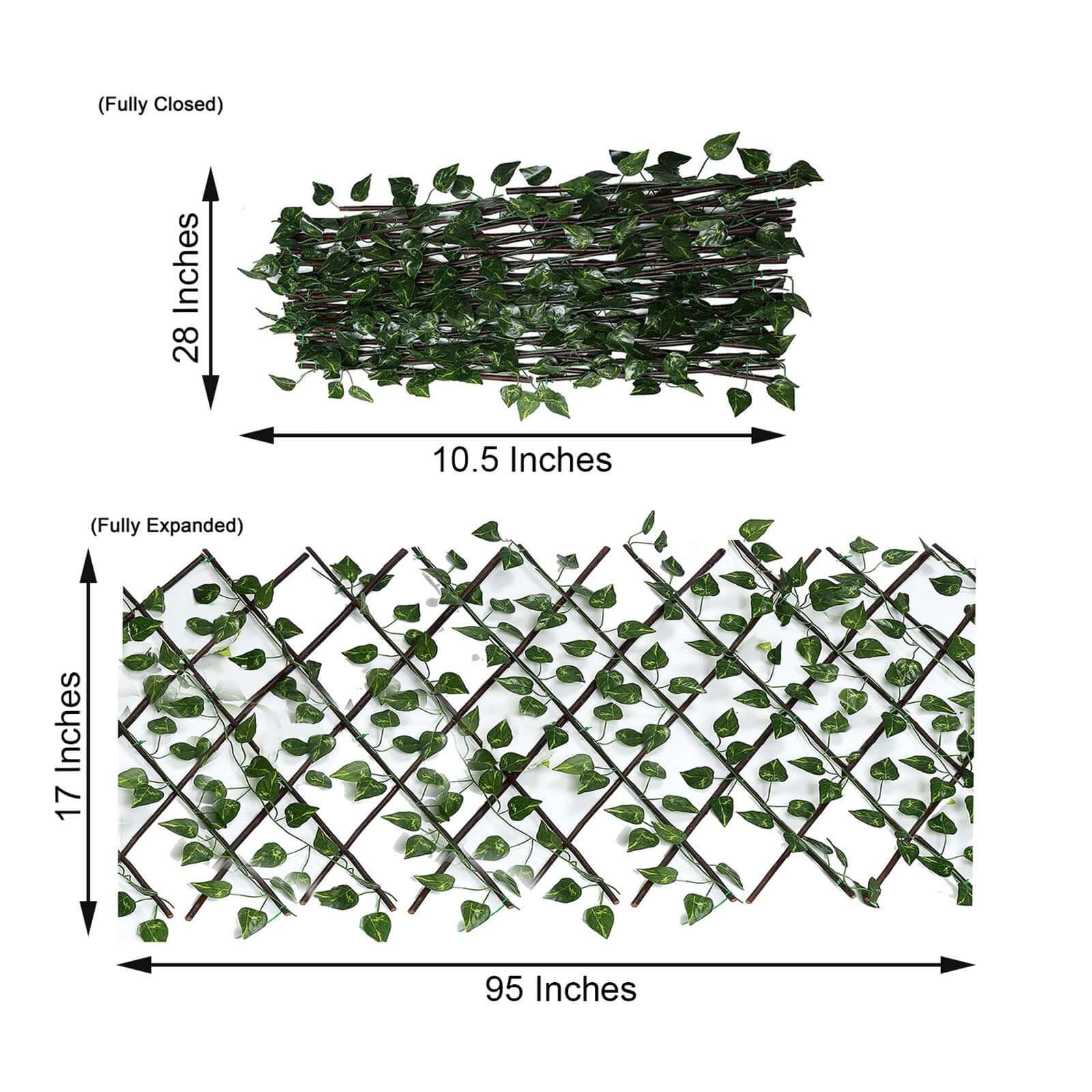 17x95 Expandable Wooden Lattice Fence With Artificial Ivy Leaf Trellis Vines, Accordion Backdrop Fencing