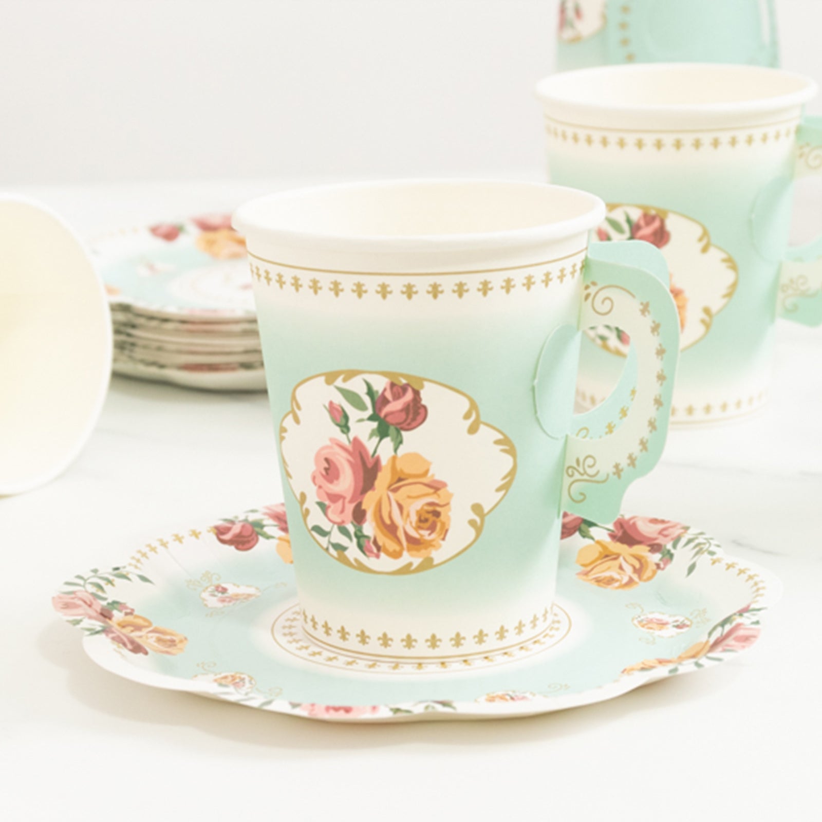 Set of 25 Paper Cups and Saucers in Turquoise with Rose Floral Print - Vintage Inspired Disposable Tea Party Decorations