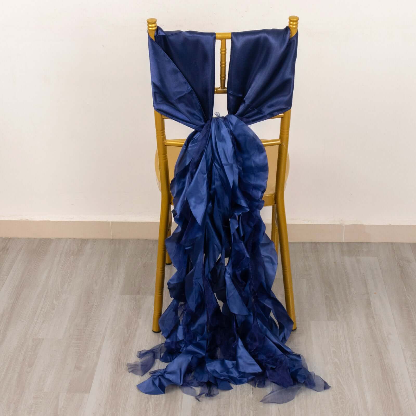 5 Pack Chiffon Satin Chair Sashes Navy Blue - Easy to Install Ruffled Curly Willow