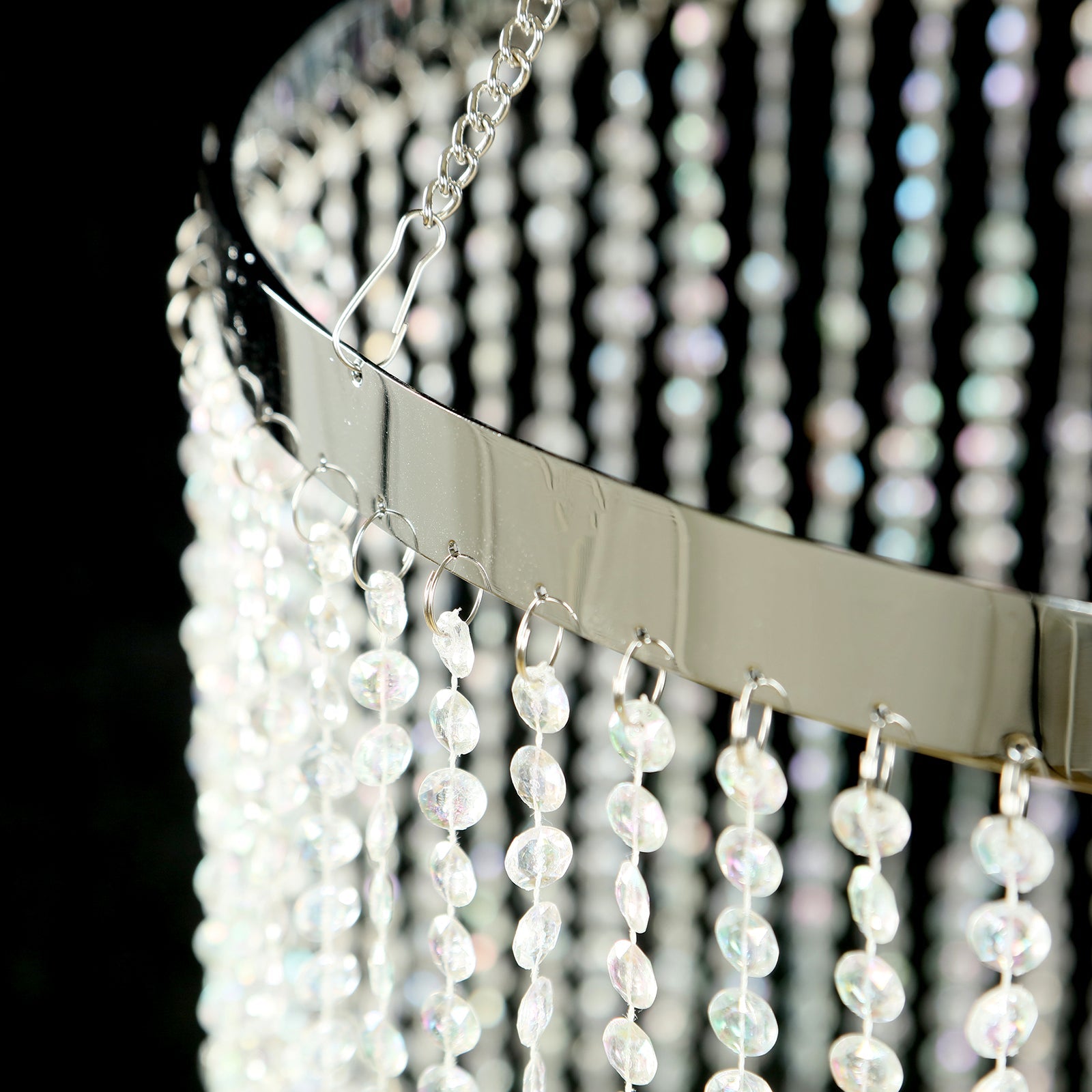 9ft Hanging Beaded Crystal Column Chandelier, Tall Beads Curtain Round with Silver Metal Hoop and Hanging Chain