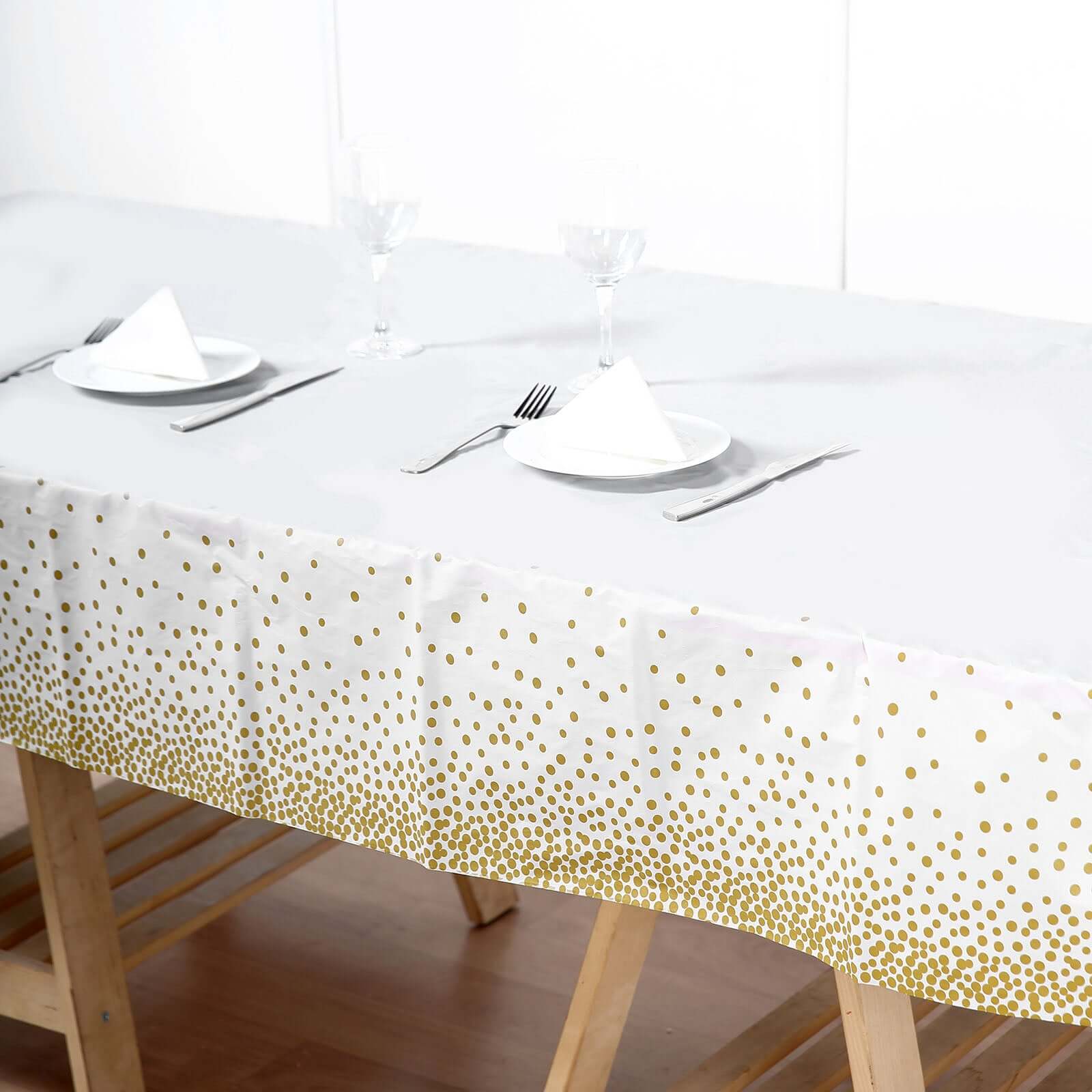 5-Pack Plastic Table Covers White Rectangle with Gold Confetti Dots - Durable PVC Disposable Tablecloths for Events 54x108