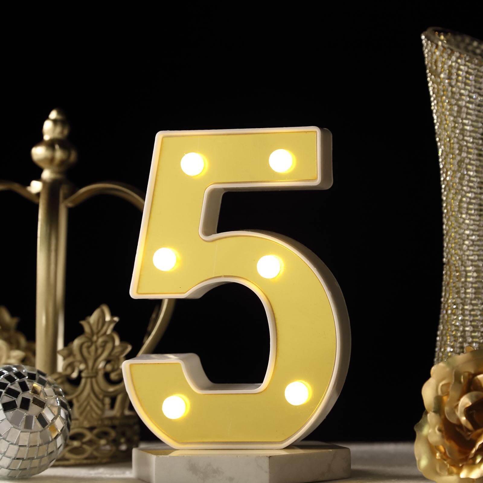 3D Marquee Number 5 Warm White 6 LED Lights Gold - Stylish Light-Up Accent for Events 6