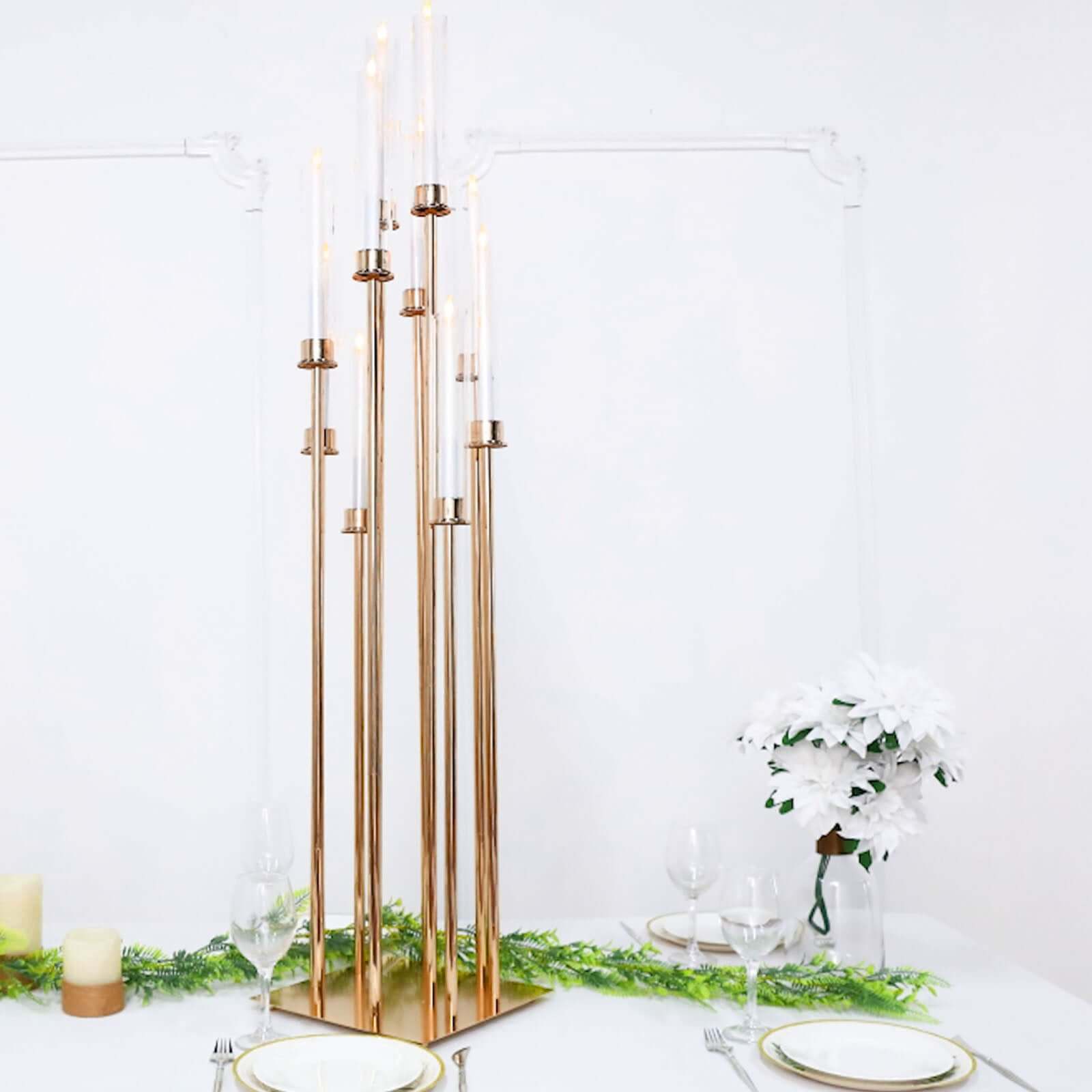 10-Arm Cluster Taper Candle Holder Gold with Clear Glass Shades - Stylish Large Candle Arrangement for Gatherings 50