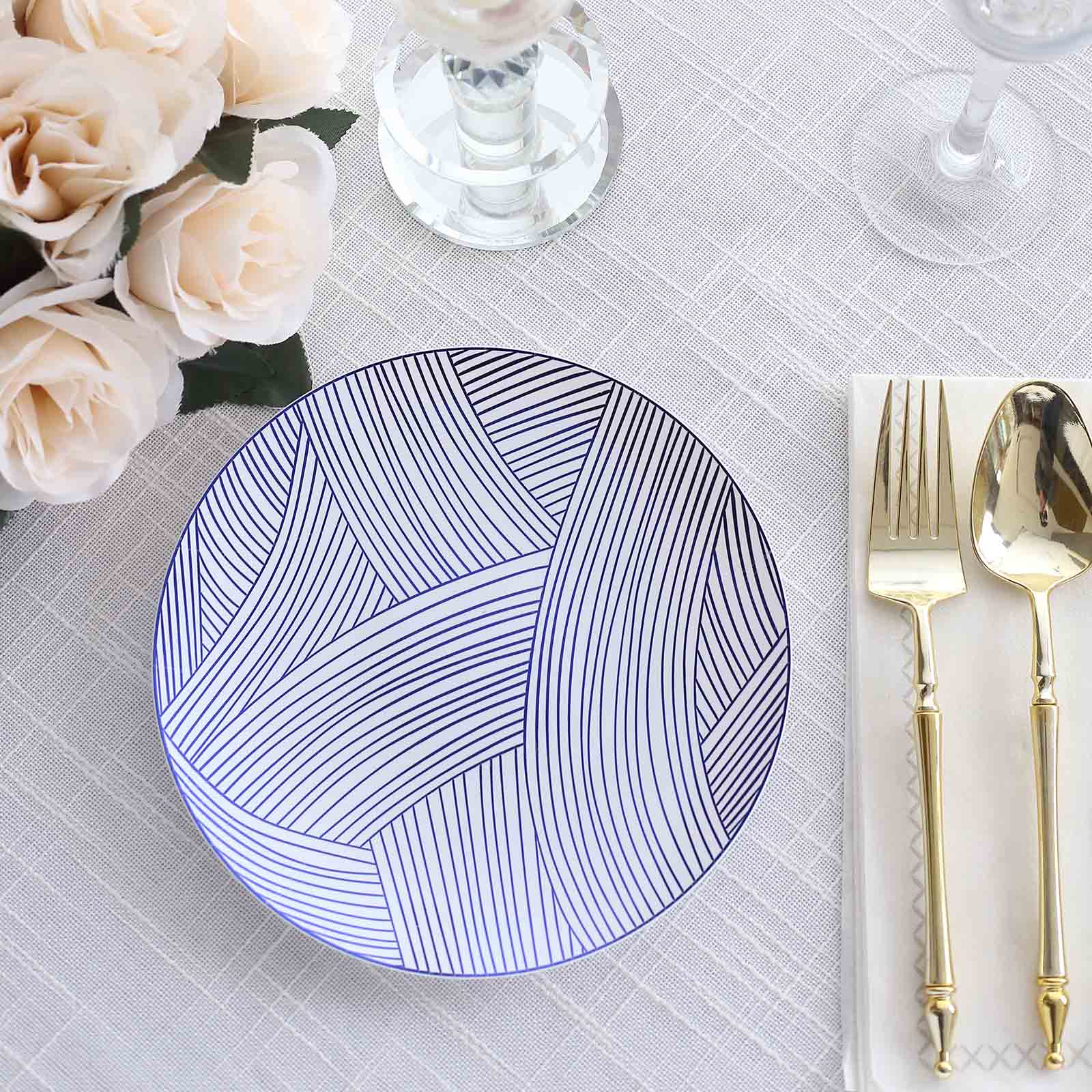 10-Pack Plastic 7 Round Dessert Plates in White with Blue Wave Brush Strokes Pattern - Disposable Appetizer Salad Plates