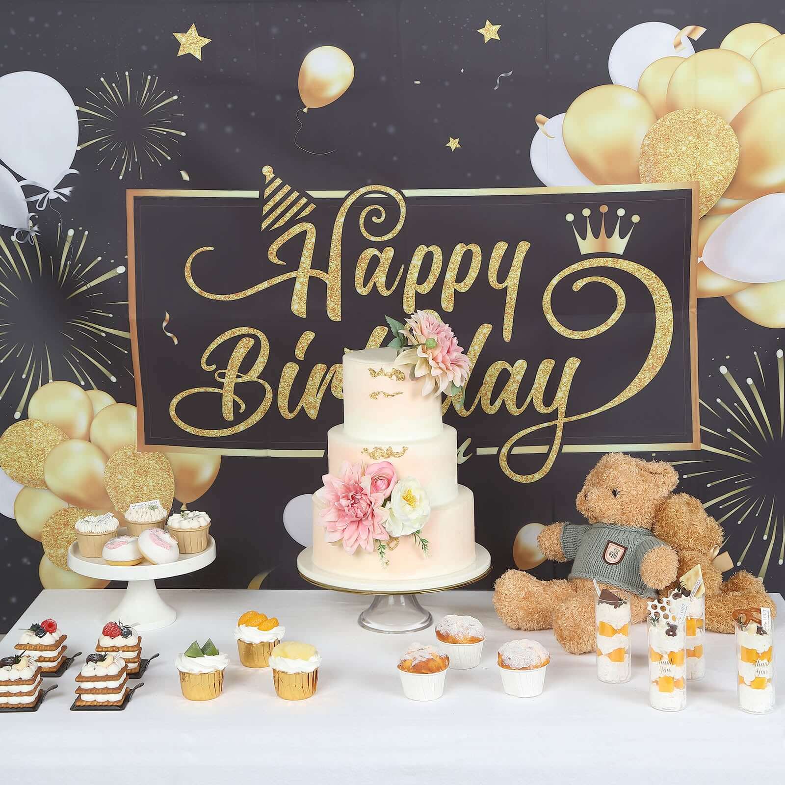 6ftx3ft Black Gold Happy Birthday Photo Booth Backdrop Decoration, Large Polyester Background Banner