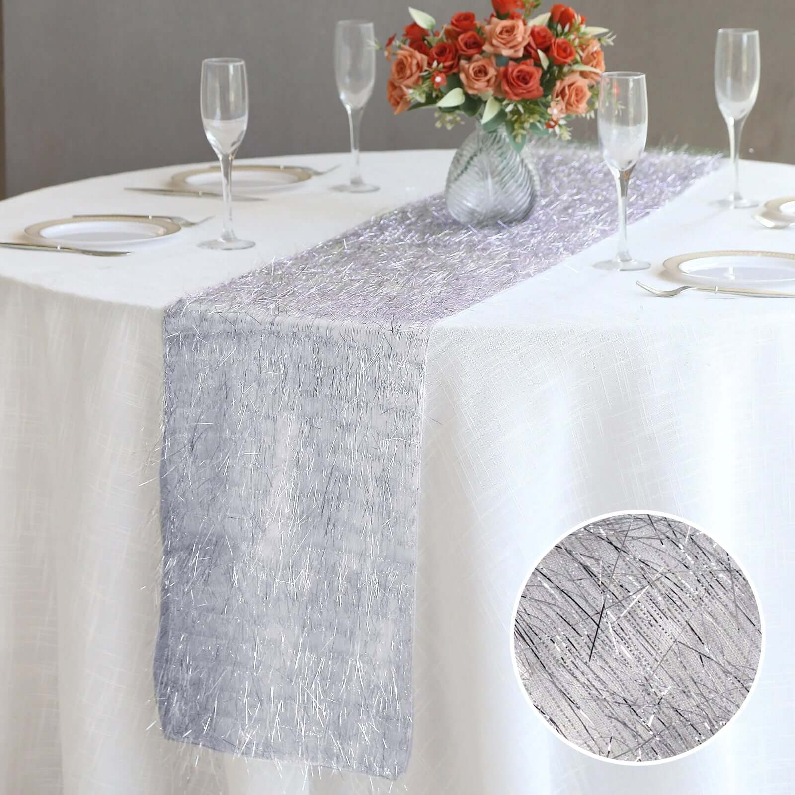 Metallic Tinsel Polyester 12x108 Table Runner Silver - Shimmery Fringe Shag Table Decor