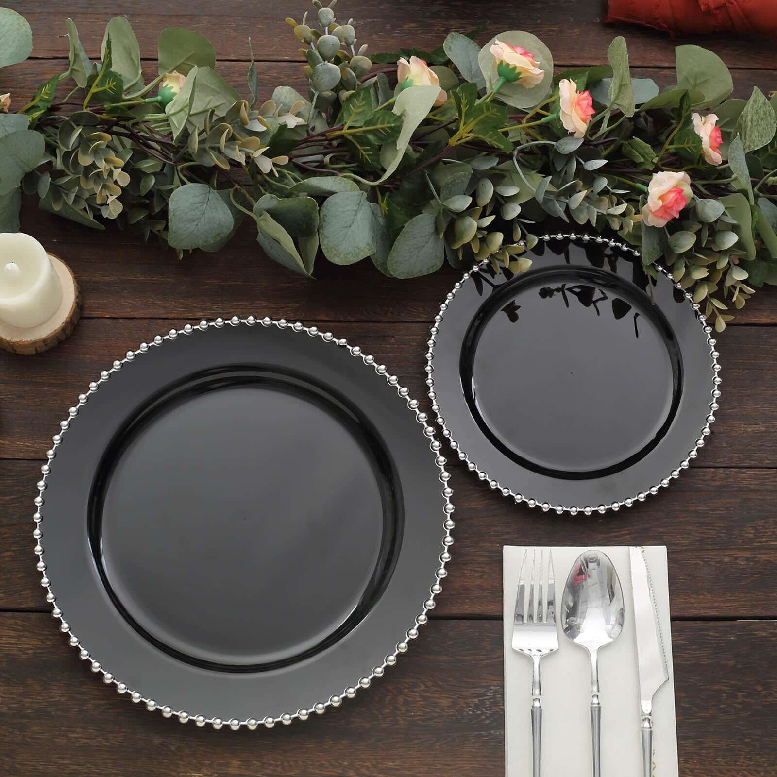 10-Pack Plastic 10 Round Dinner Plates in Black with Silver Beaded Rim - Disposable Party Plates