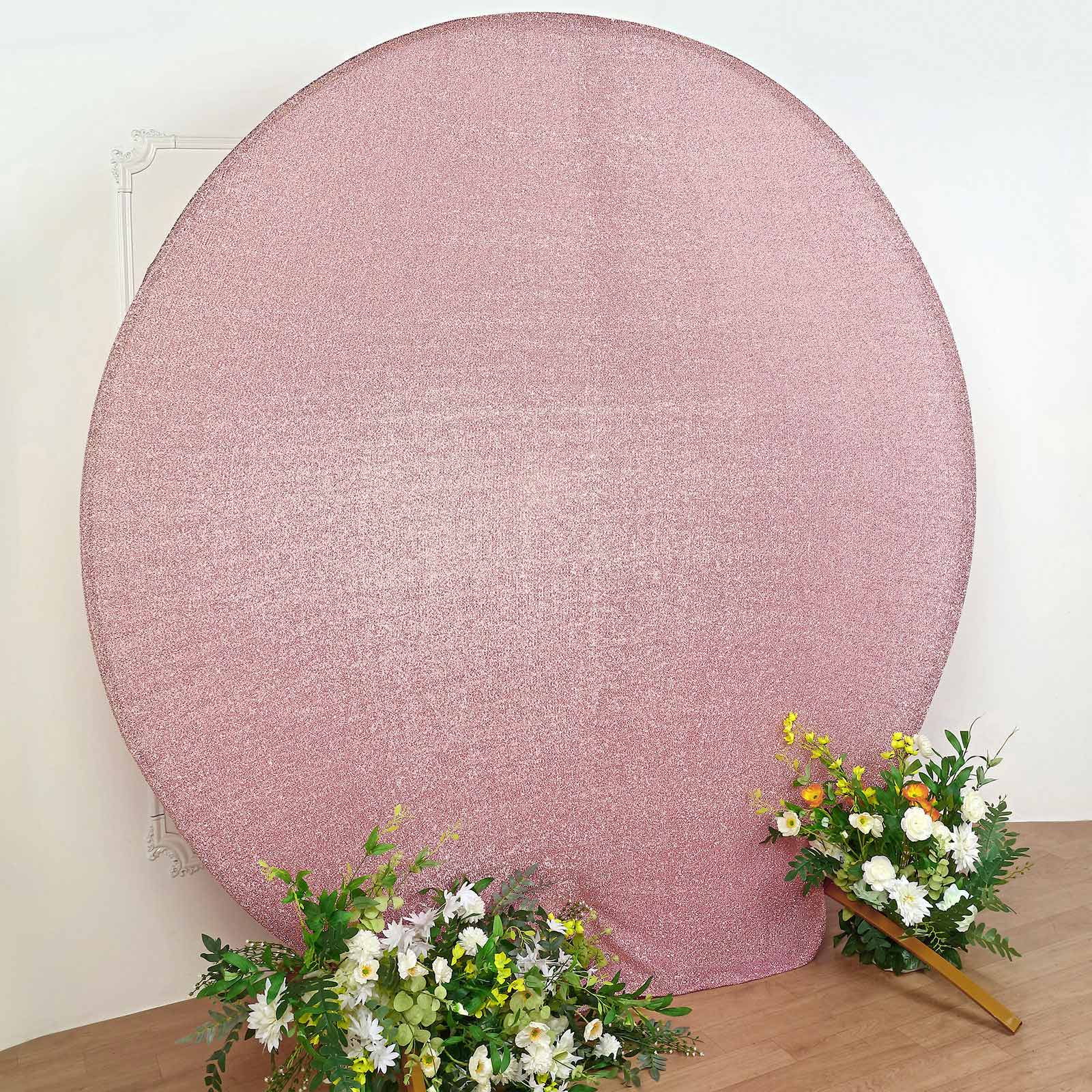 7.5ft Rose Gold Metallic Shimmer Tinsel Spandex Round Wedding Arch Cover, 2-Sided Photo Backdrop