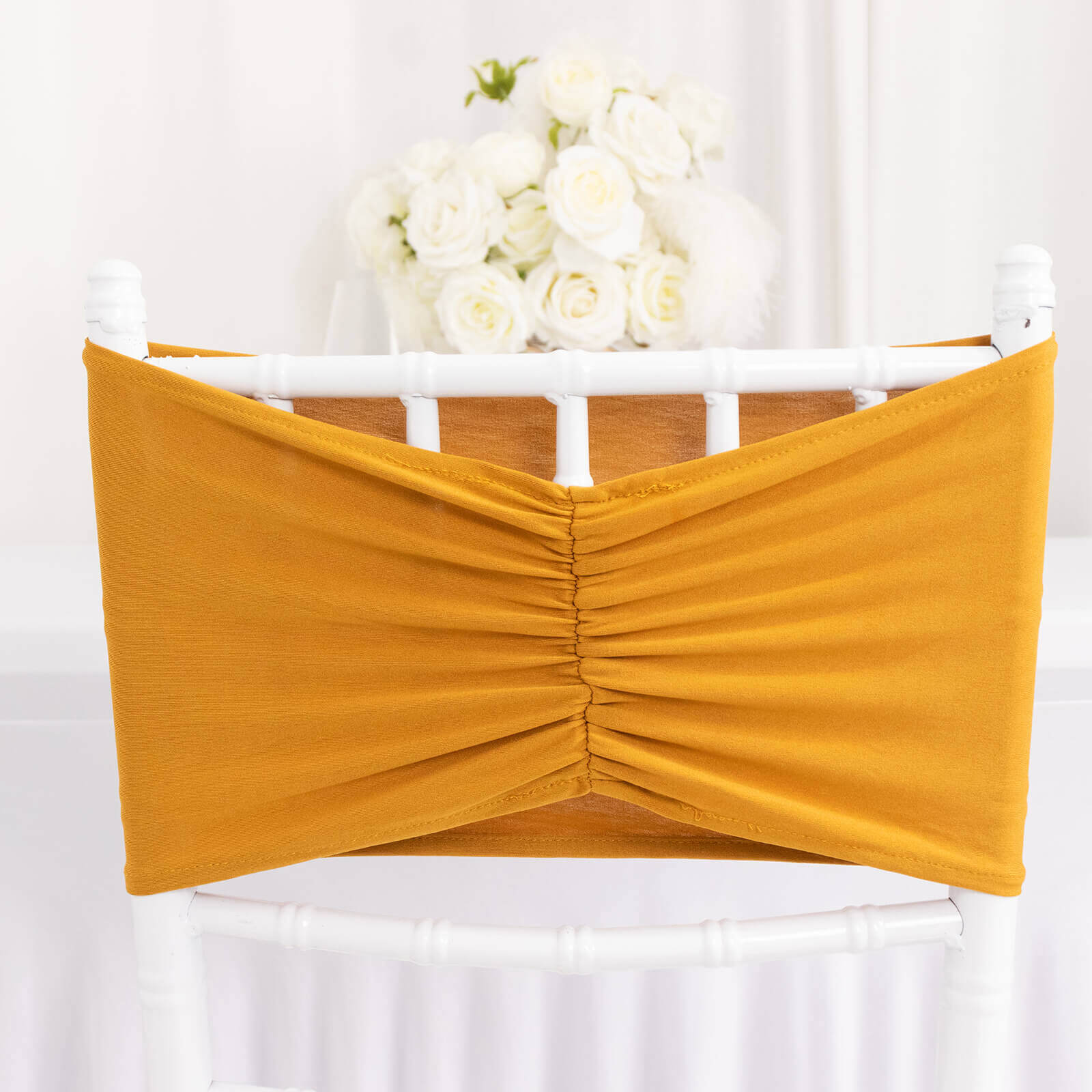 5 Pack Spandex Chair Sashes Gold Ruffled Style - Wide Easy to Use Stretch Chair Bands for Classy Wedding and Event Decor 8x13