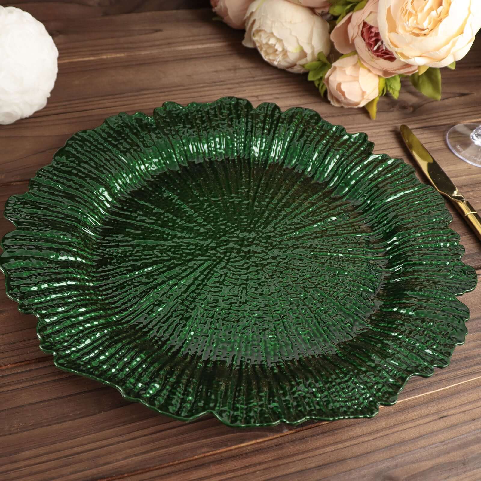 6-Pack Acrylic Plastic Round Charger Plates 13 in Hunter Emerald Green with Reef Design, Dinner Charger Tableware