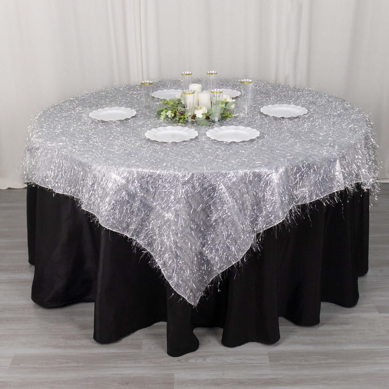 Polyester 72x72 Table Overlay Square Tablecloth Silver - Metallic Fringe Shag Tinsel Table Cover