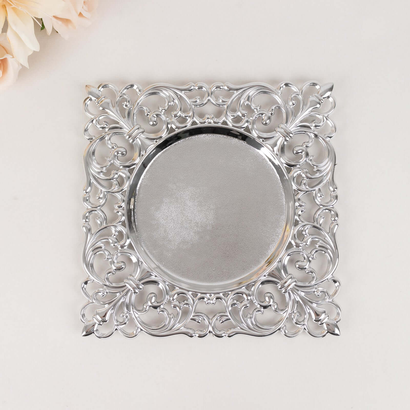 6-Pack Acrylic Square Charger Plates 12 in Silver with Hollow Lace Border, Event Tabletop Decorative Charger Tableware