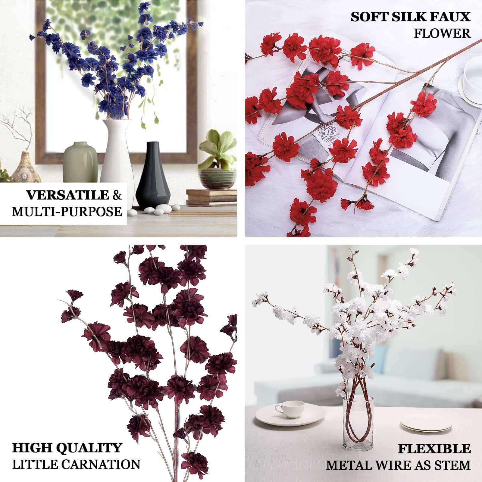 2 Branches 42 Tall Burgundy Artificial Silk Carnation Flower Stems