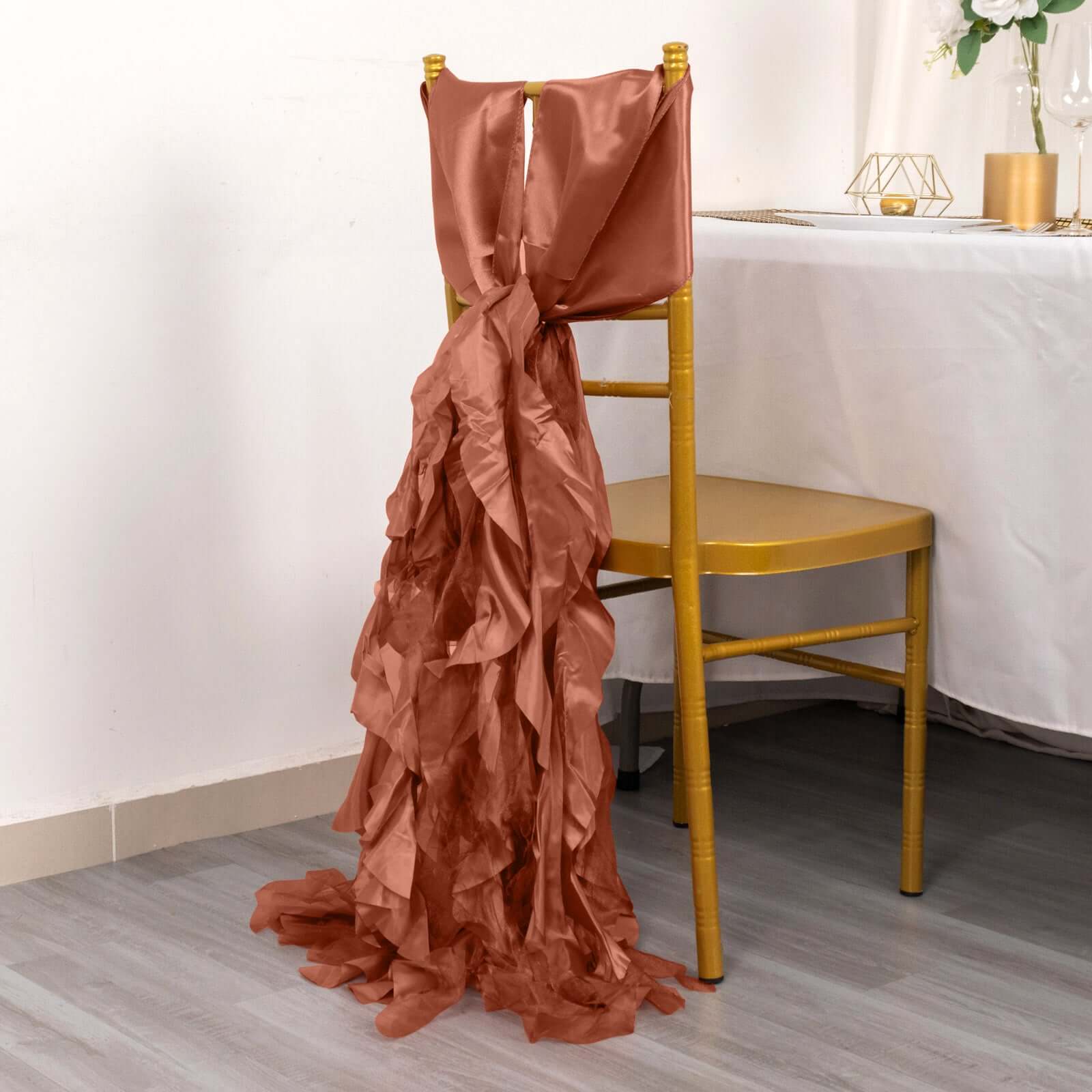 5 Pack Chiffon Satin Chair Sashes Terracotta (Rust) - Easy to Install Ruffled Curly Willow