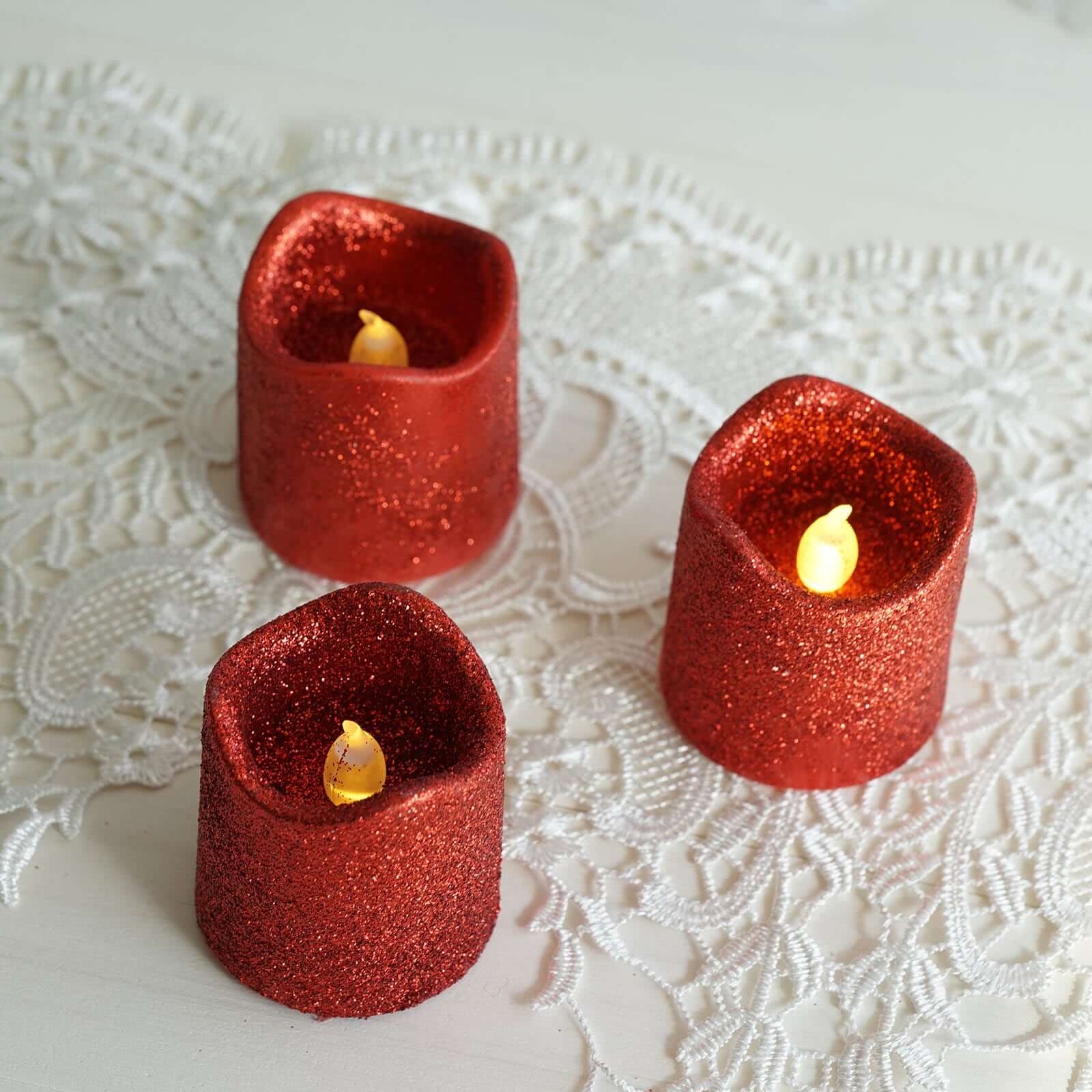 12-Pack LED Votive Candles Glittered Red Design - Reusable Flameless Battery Operated Lights