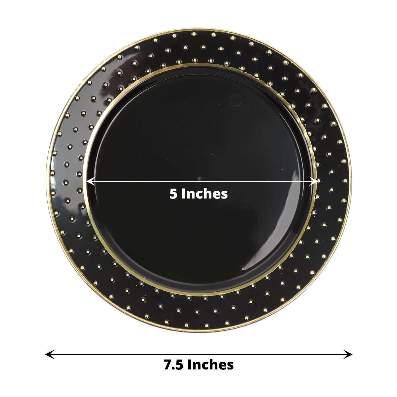 10-Pack Plastic 7.5 Round Dessert Plates in Black with Gold 3D Polka Dotted Rim - Durable Disposable Appetizer Salad Plates for Modern Themed Events & Banquets