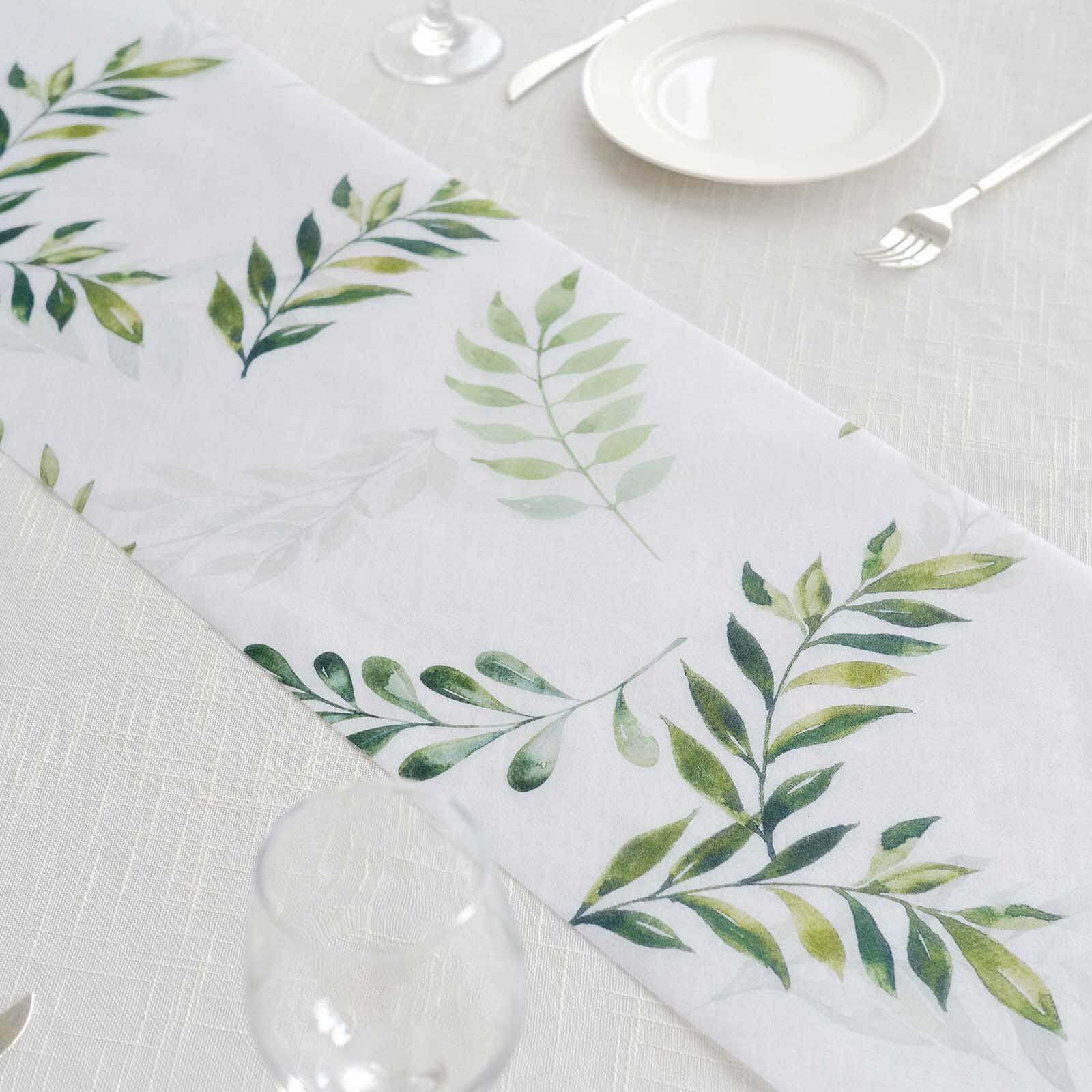 Disposable Table Runner 11x108 White with Green Olive Leaves Print - Non-woven Stylish Spring Summer Dining Decor