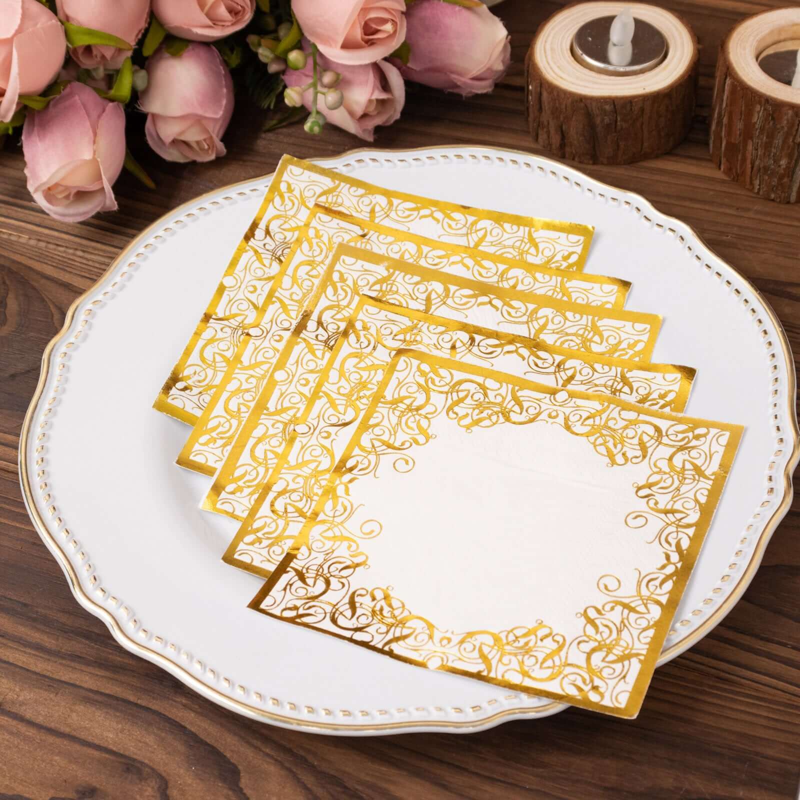 20-Pack Paper Beverage Napkins with Gold Foil Lace Design White - 3 Ply Disposable 18GSM European Style Cocktail Napkins 5x5