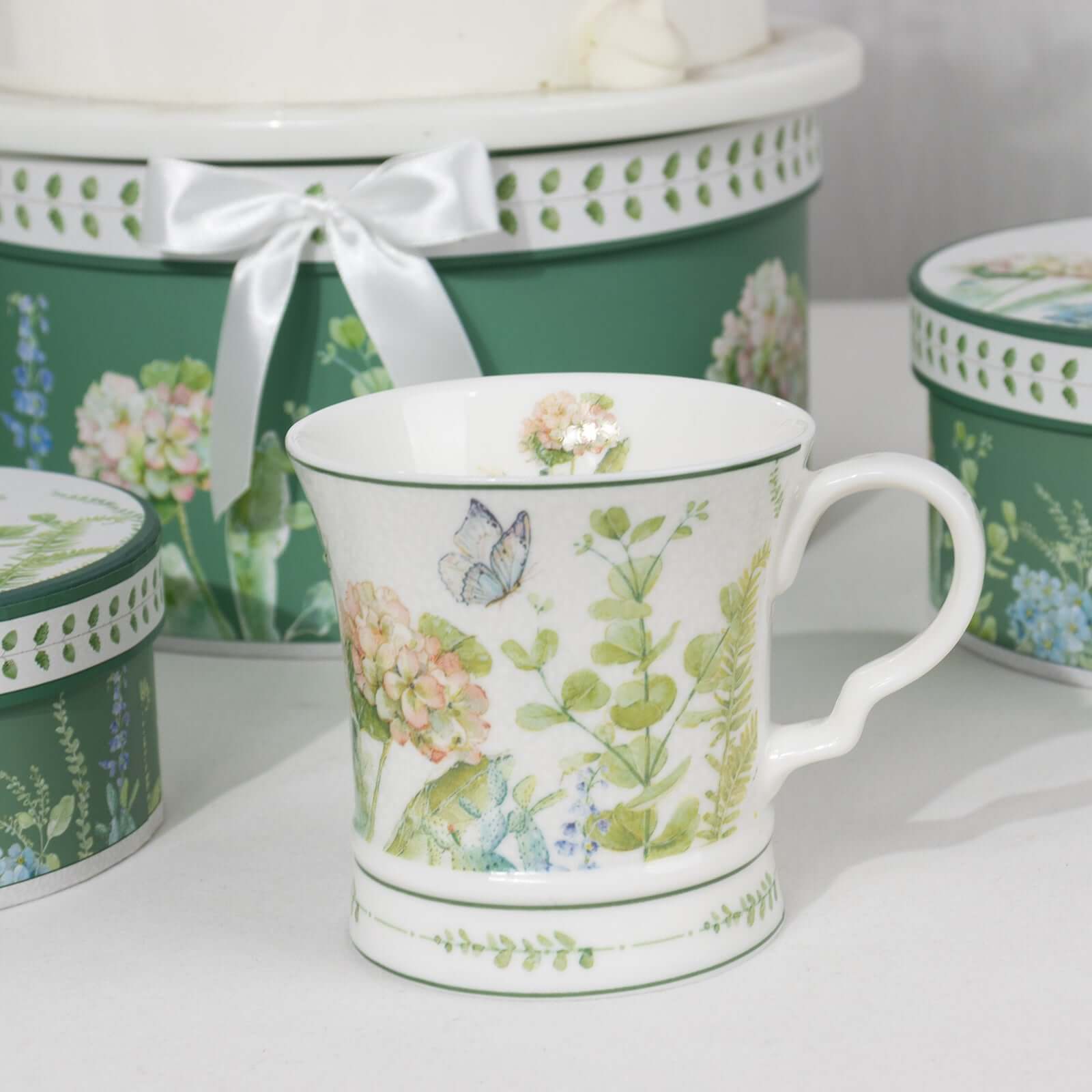 Greenery Theme Bridal Shower Gift Set, 2 Pack Porcelain Tea Cups With Matching Keepsake Gift Box and Satin Ribbon Handle