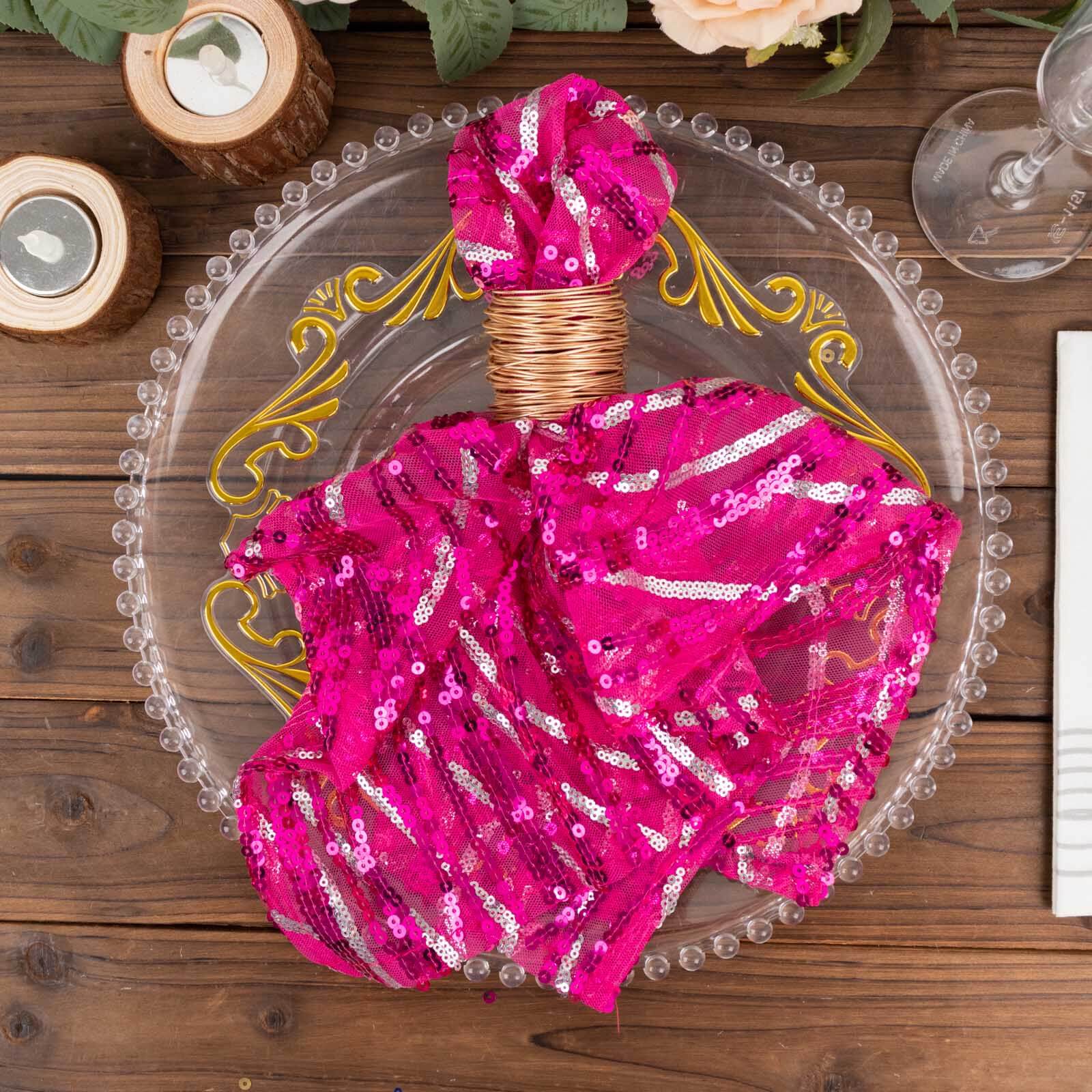 Sequin Mesh 20x20 Napkin Fuchsia Silver - Wave Embroidered Reusable Napkin