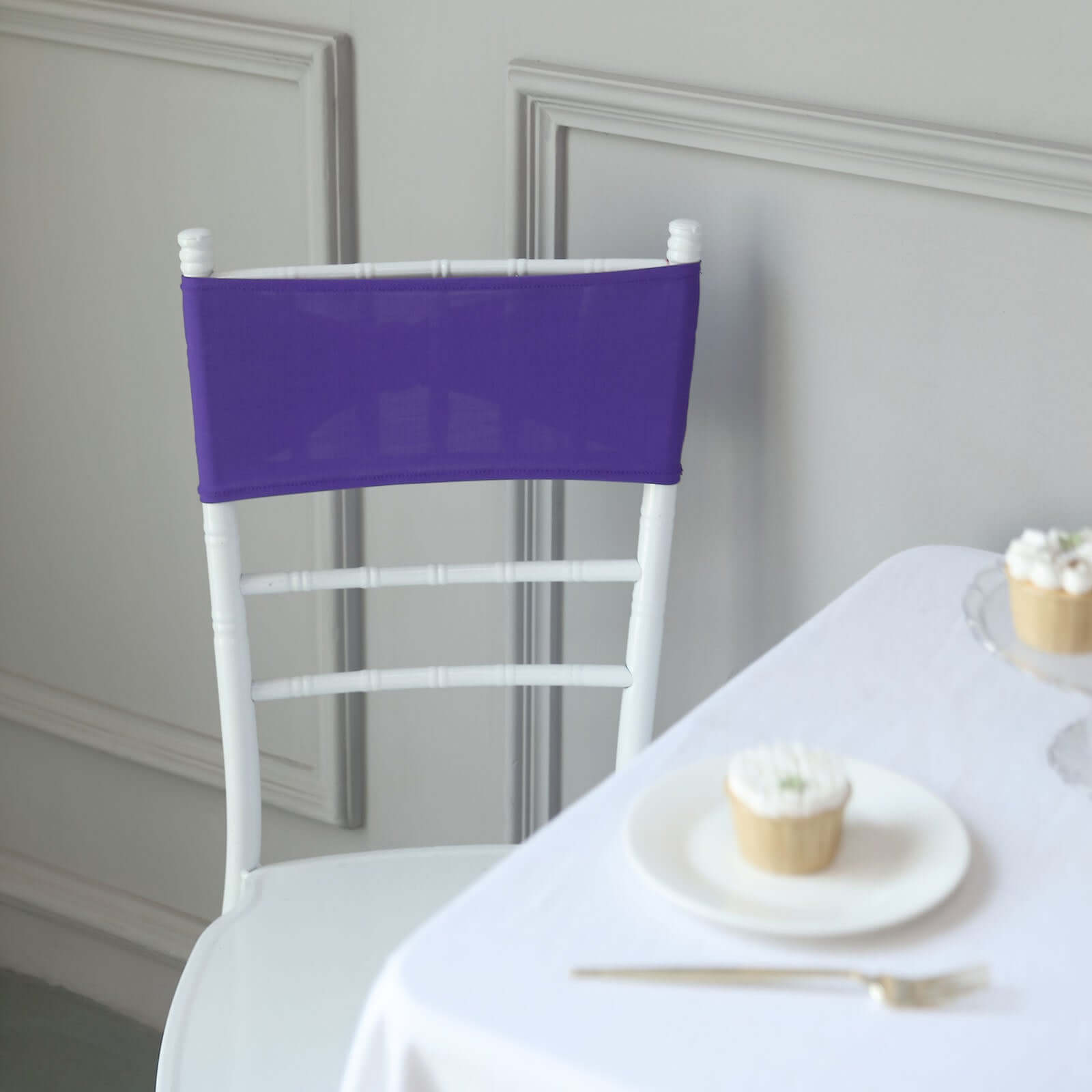 5 Pack Stretch Spandex Chair Sashes Purple - Reusable Chair Bands with Silver Diamond Ring Slide Buckle 5x14