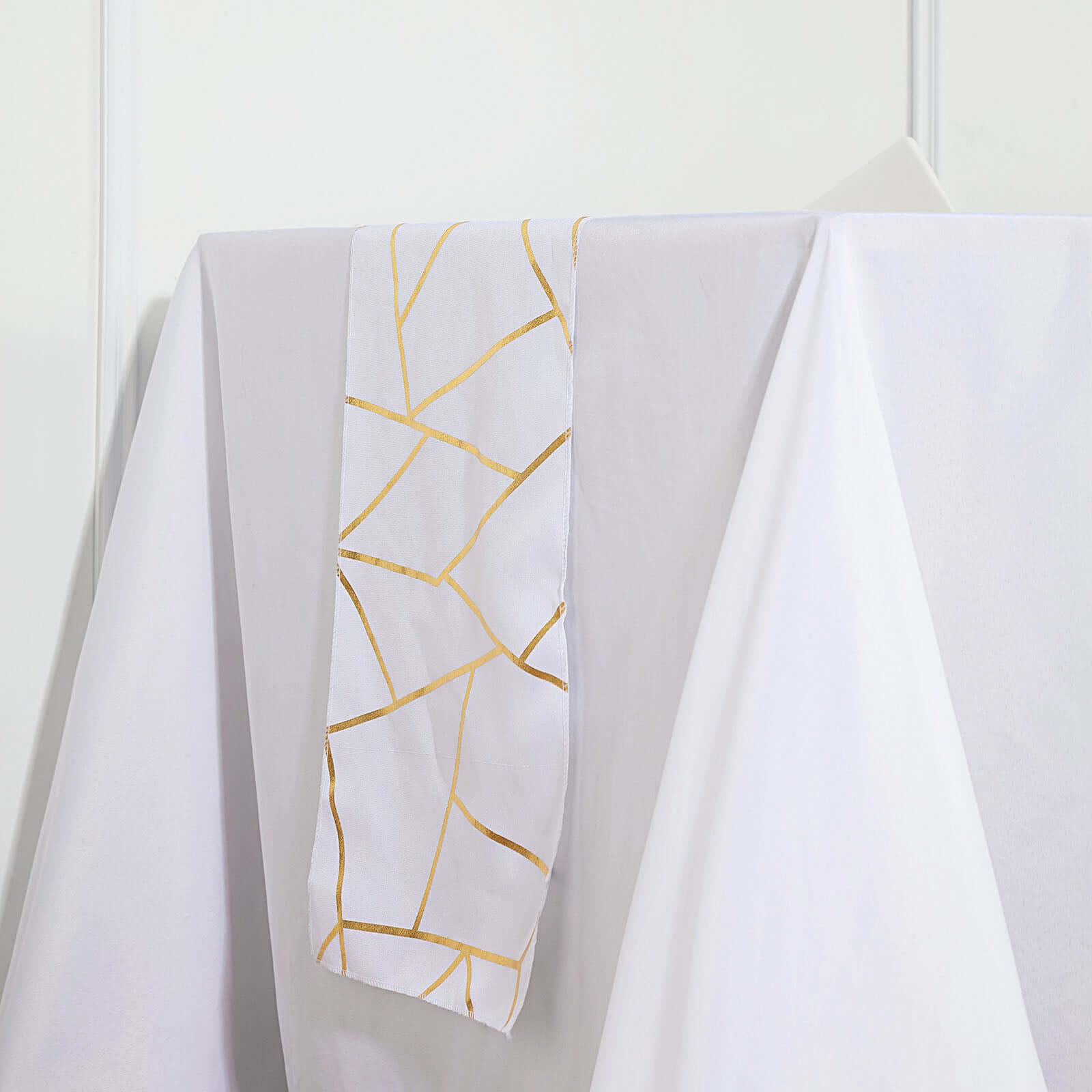 Polyester 9ft Table Runner White with Gold Foil Geometric Pattern - Modern & Stylish Table Decor