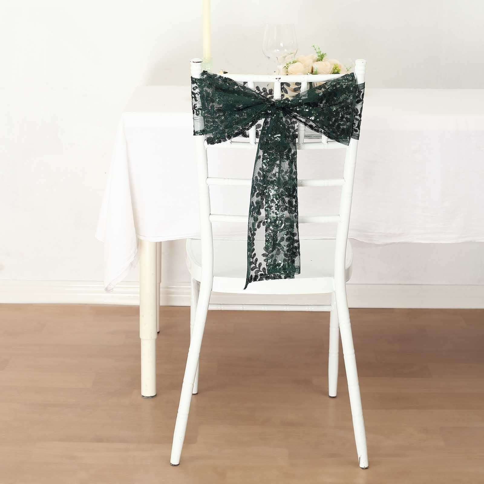 5 Pack Tulle Chair Sashes with Leaf Vine Embroidered Sequins Hunter Emerald Green 6x88