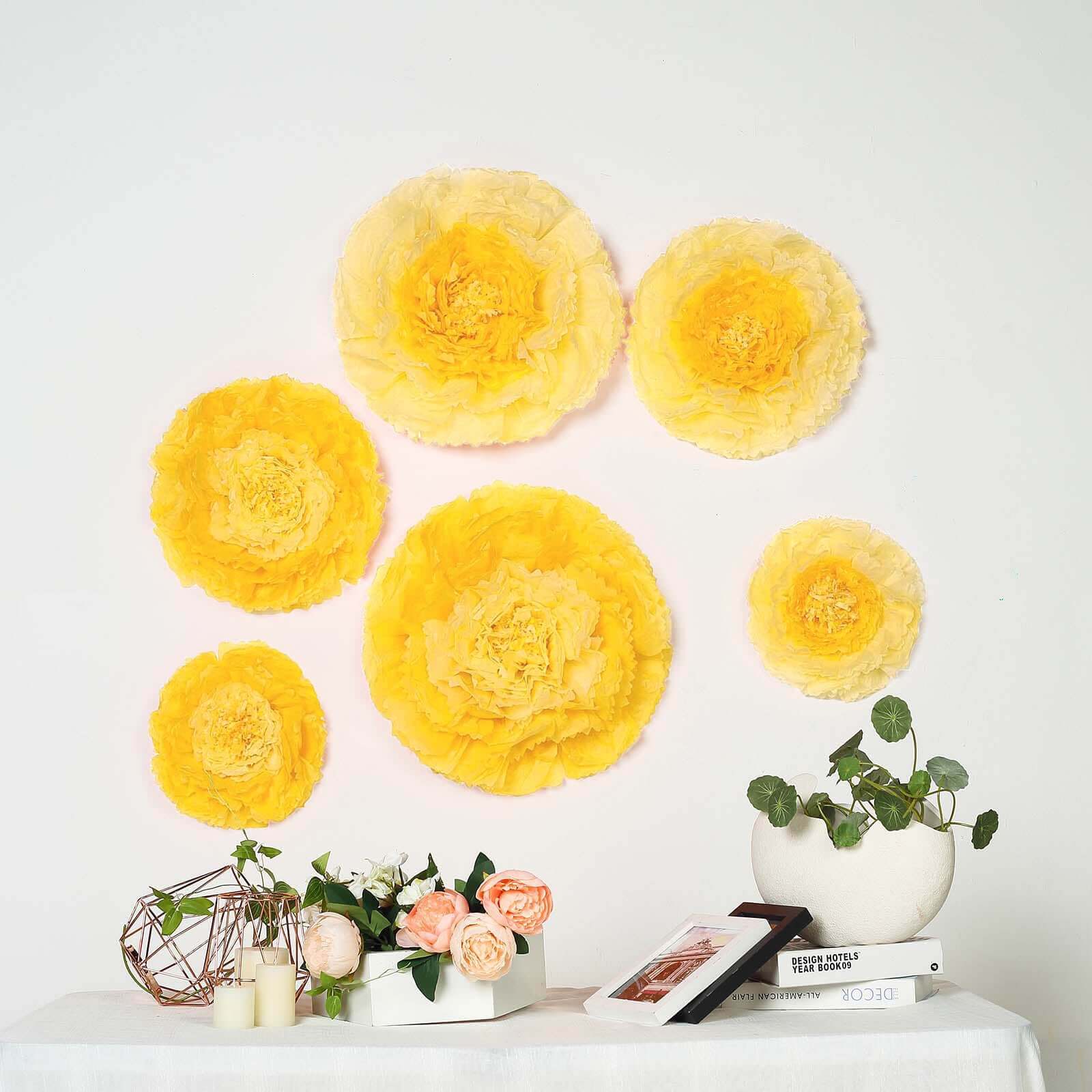 Set of 6 Yellow Giant Carnation 3D Paper Flowers Wall Decor - 12,16,20