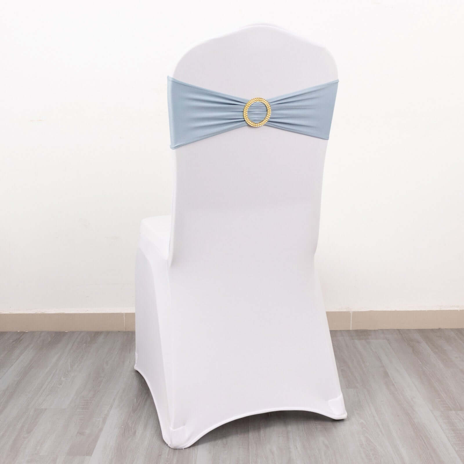 5 Pack Spandex Chair Sashes Dusty Blue with Gold Rhinestone Buckles - Reusable Four-Way Stretch Sash Bands 5x14