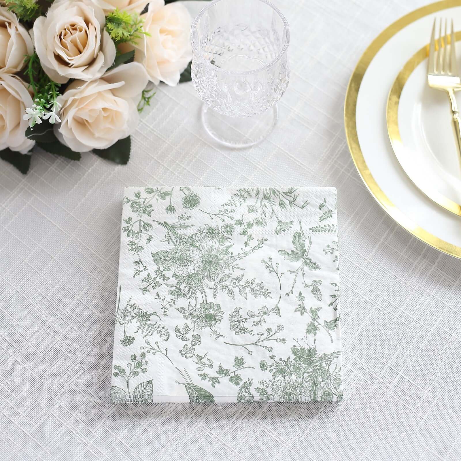 20-Pack Paper Cocktail Napkins with French Toile Print White/Sage Green - Disposable 2 Ply Beverage Napkins for Events 5x5