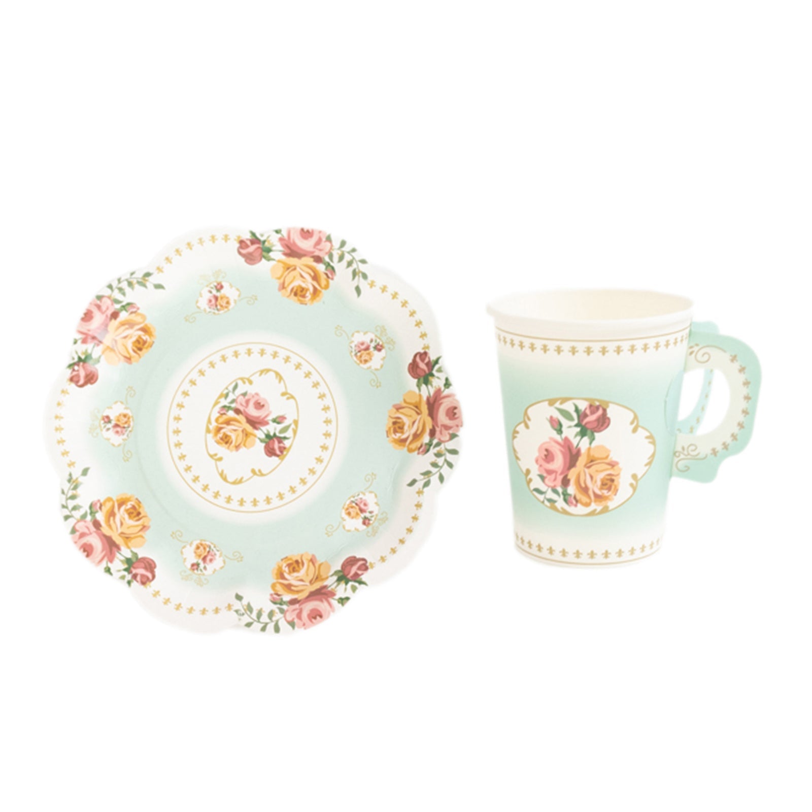 Set of 25 Paper Cups and Saucers in Turquoise with Rose Floral Print - Vintage Inspired Disposable Tea Party Decorations