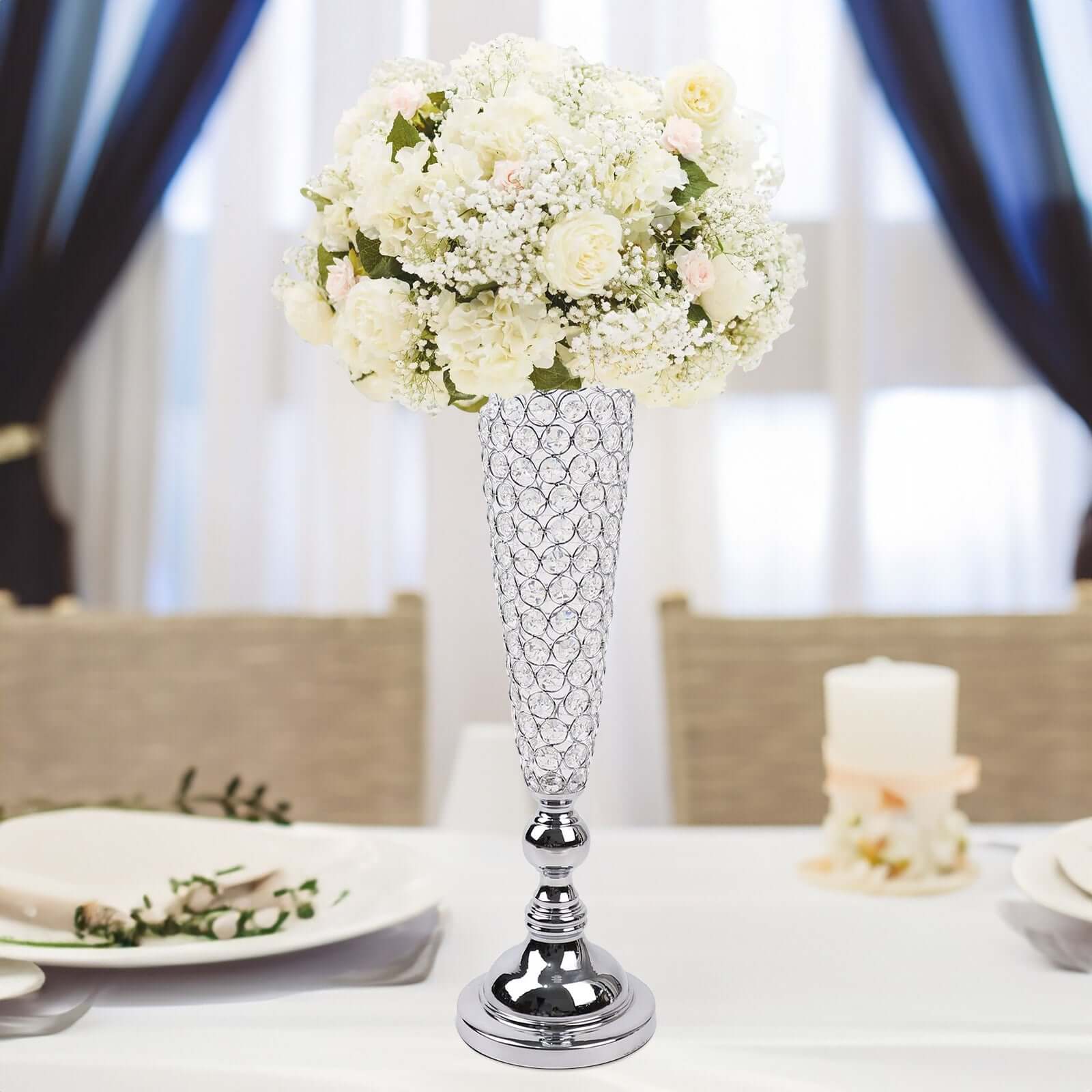 3-Pack Crystal Beaded Trumpet Vase Set Silver - Table Centerpiece for Weddings and Events 32