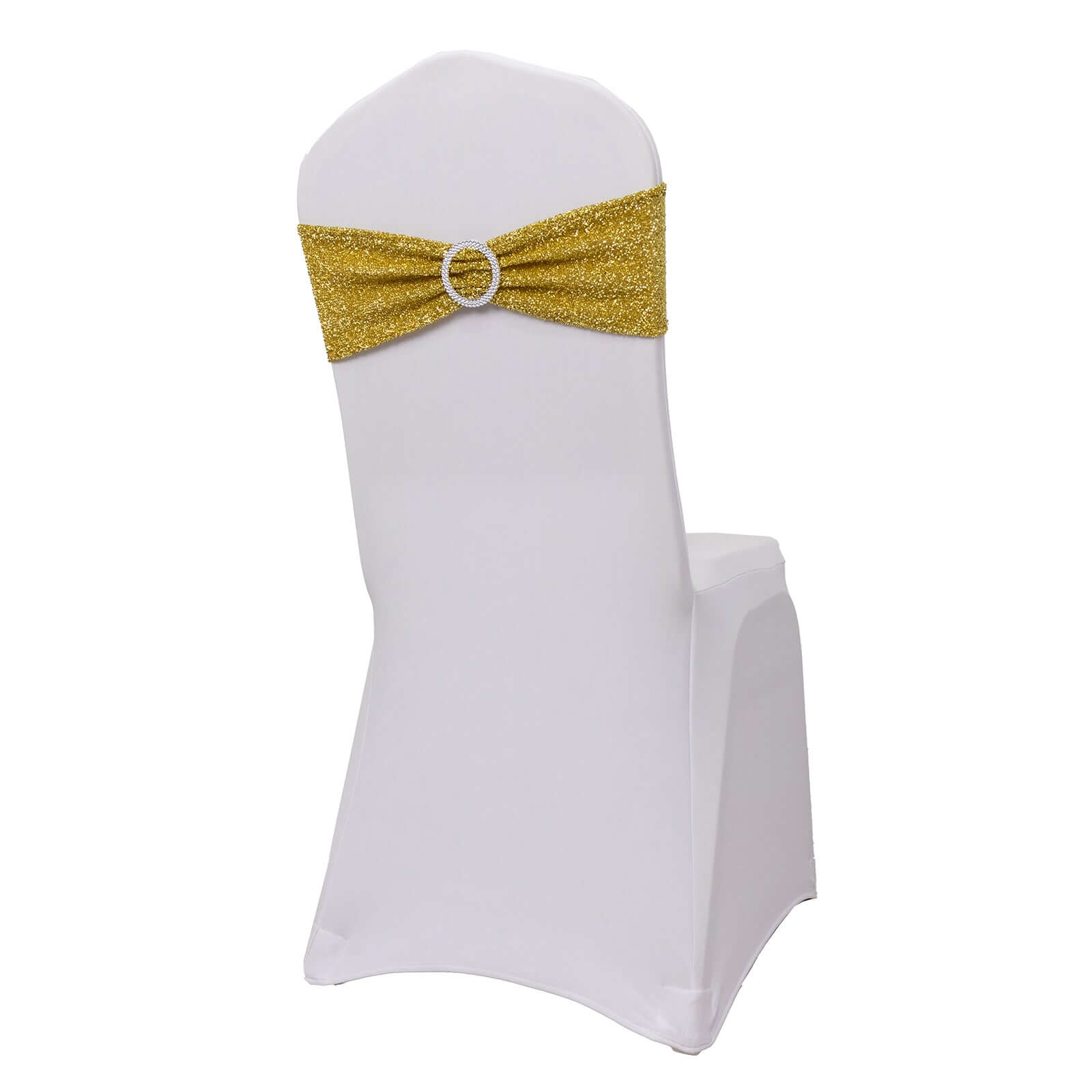 5 Pack Chair Sashes Shimmer Tinsel Spandex 5x12 with Silver Rhinestone Buckles Gold - Stylish Decor for Weddings