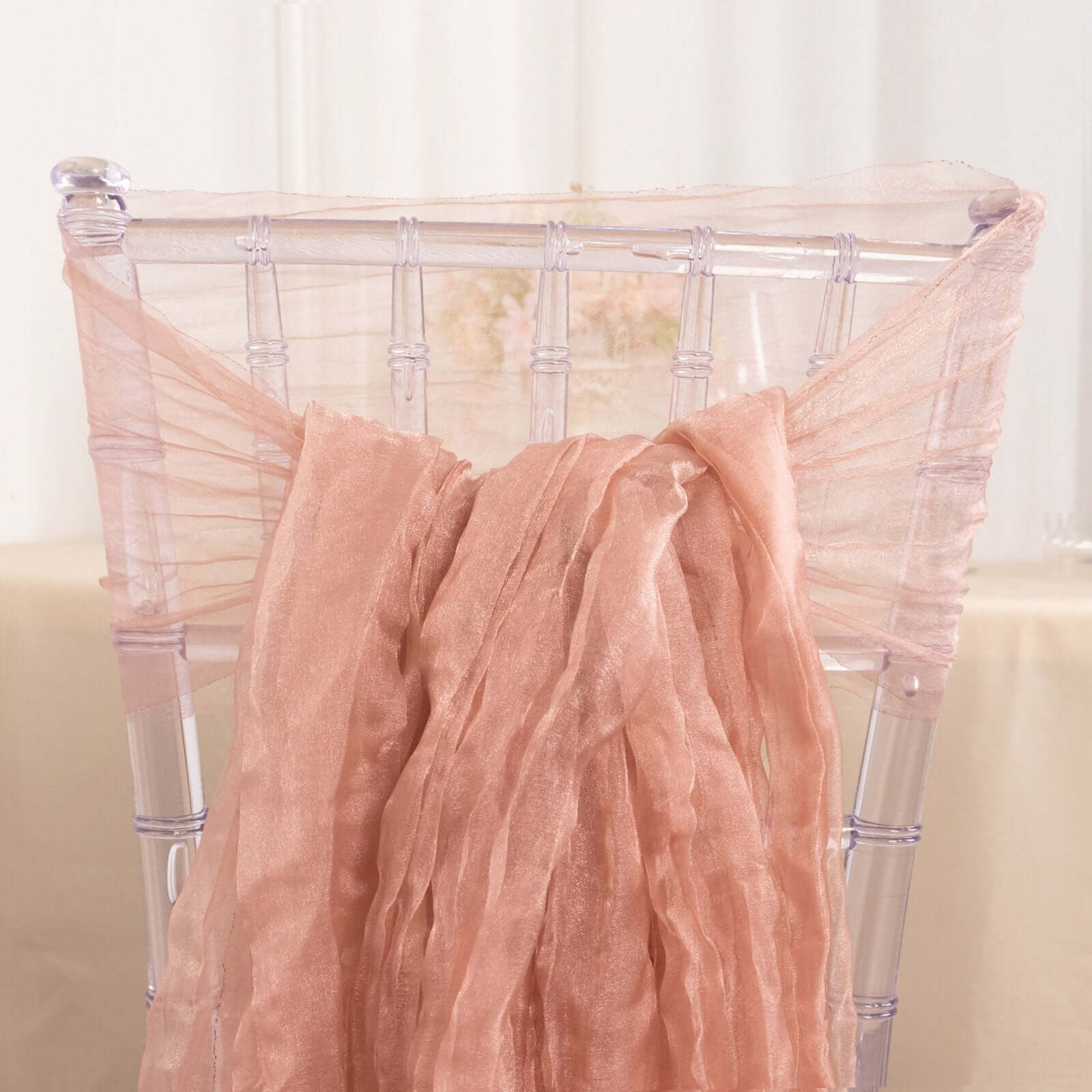 5 Pack Crinkled Organza Chair Sashes Dusty Rose with Shimmer Chiffon Layers - Stylish Sheer Decor