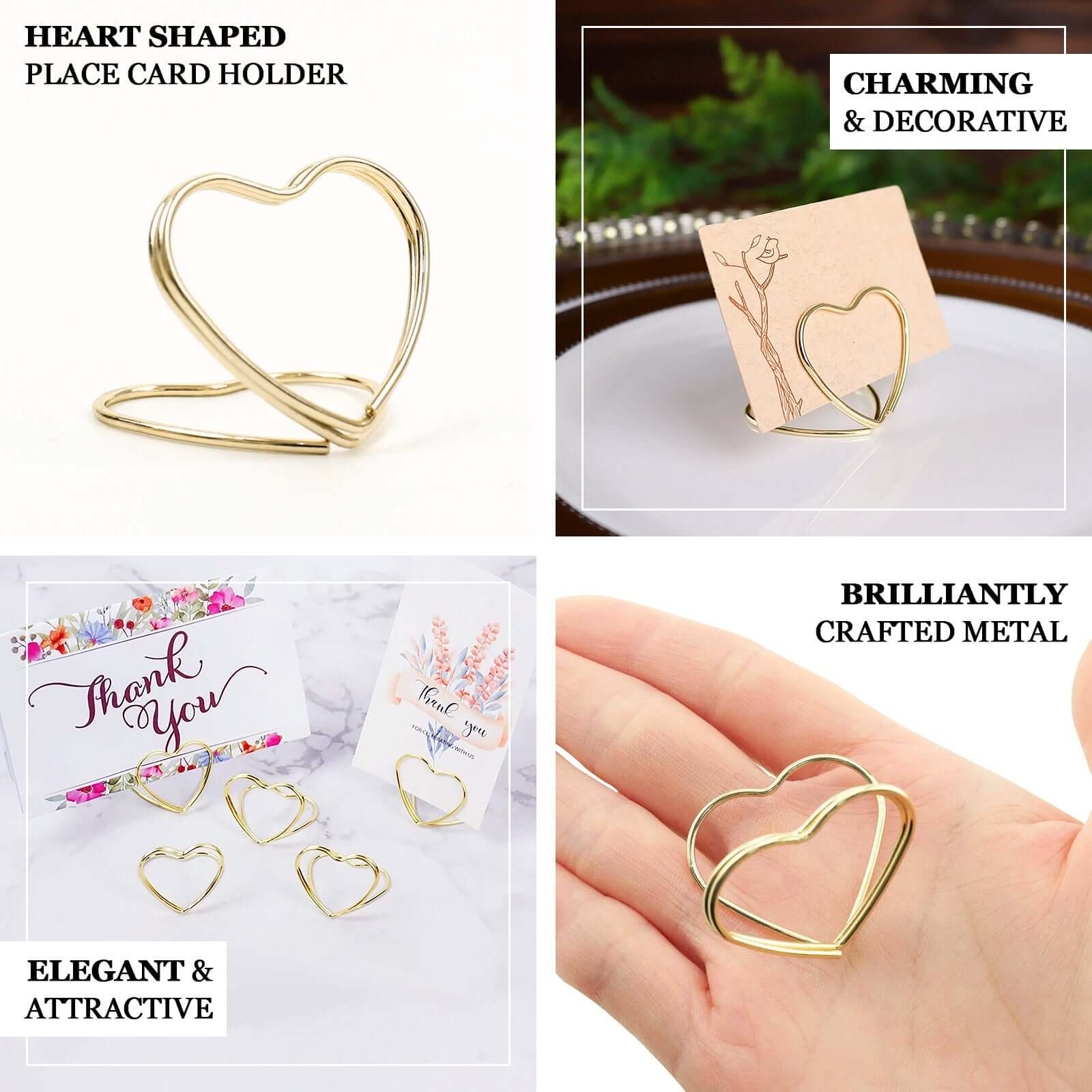 10-Pack Metal Card Holder Stands Double Heart Design Gold - Table Number Stands and Wedding Place Card Menu Clips 1