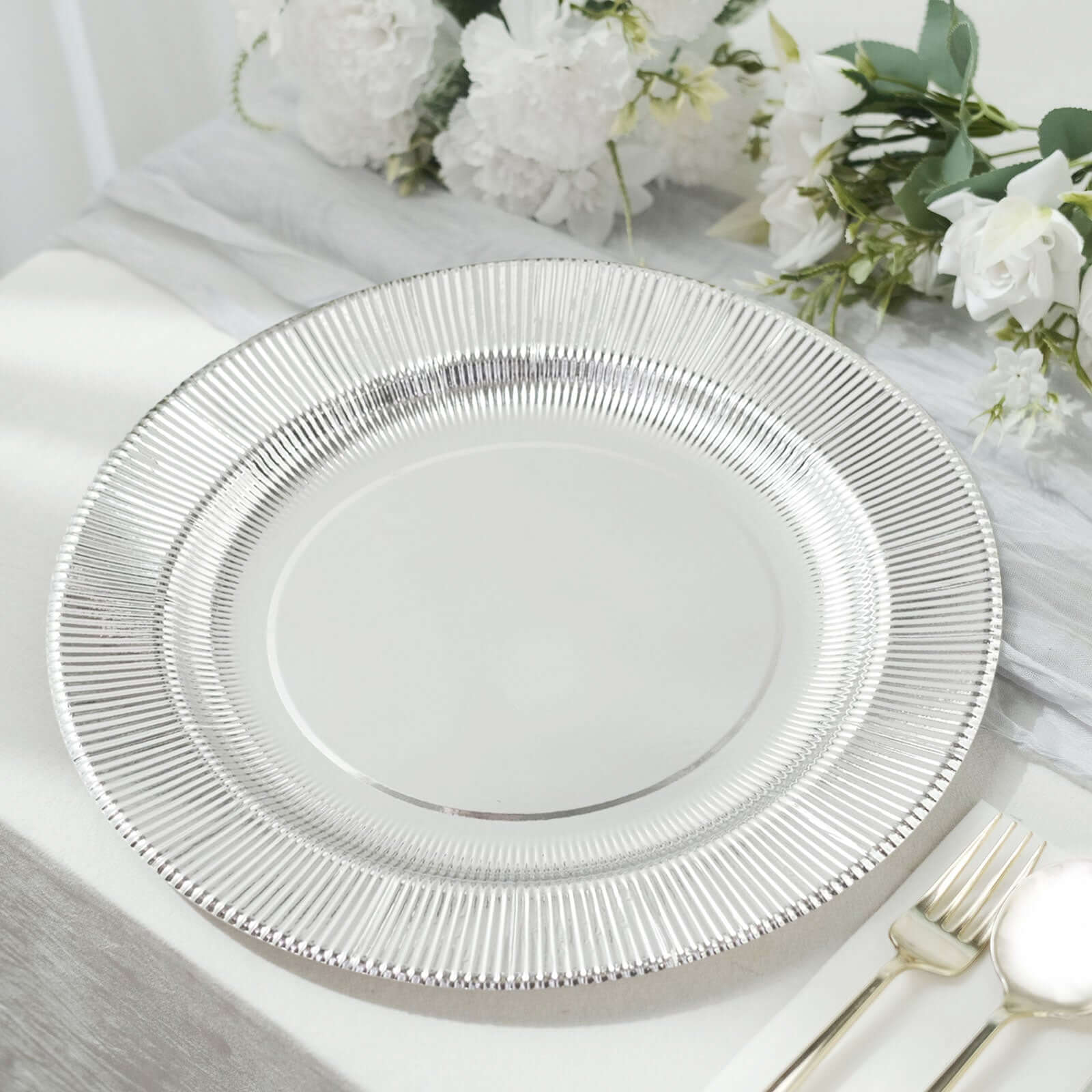 25-Pack Paper 10 Round Dinner Plates in Metallic Silver Sunray Design - Disposable Heavy Duty 350GSM Party Plates