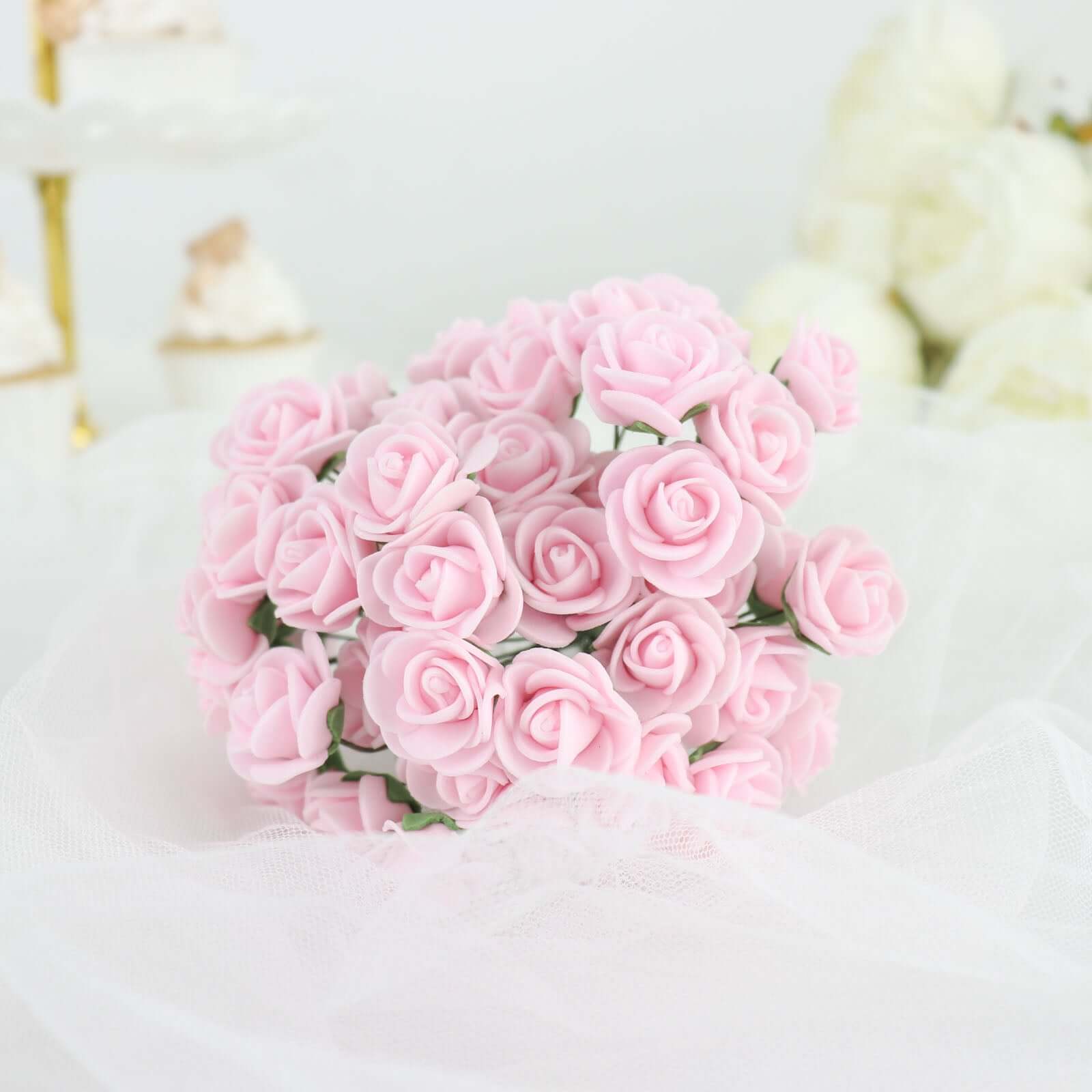 48 Roses 1 Pink Real Touch Artificial DIY Foam Rose Flowers With Stem, Craft Rose Buds