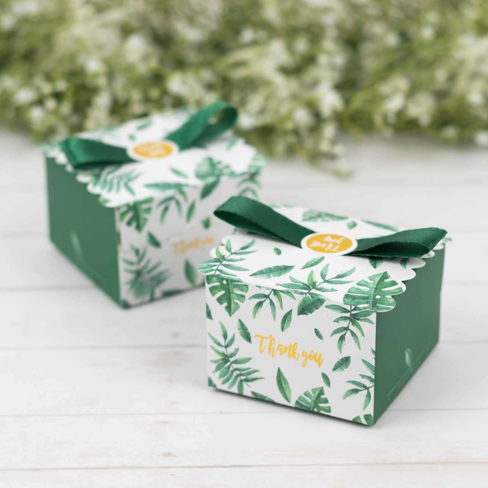 25 Pack Green Monstera Leaf Print Candy Gift Boxes with Satin Ribbon Bow, Thank You Cardstock Paper Party Favor Boxes - 2.5x2.5x2