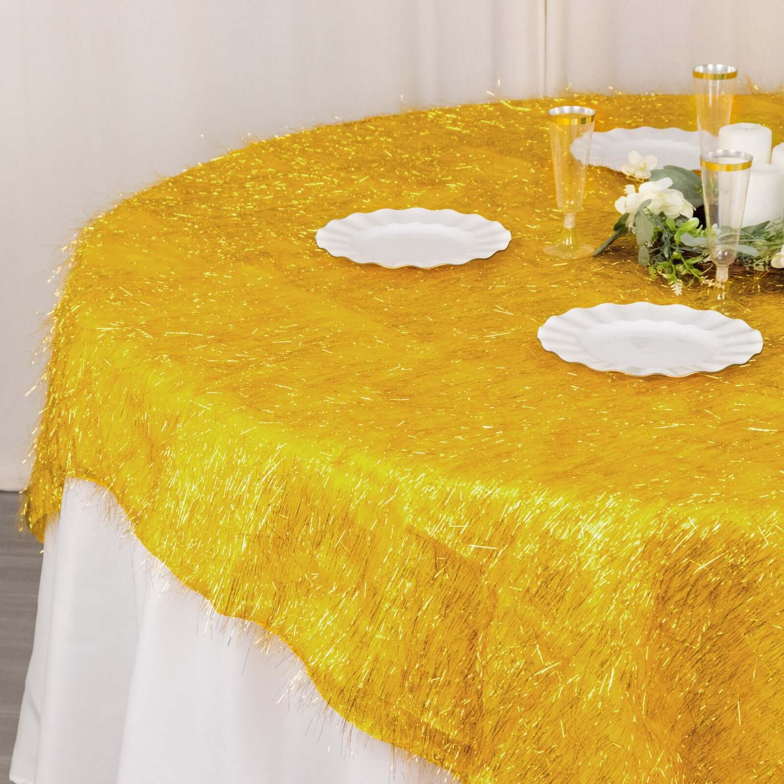 Polyester 72x72 Table Overlay Square Tablecloth Gold - Metallic Fringe Shag Tinsel Design for Luxe Events