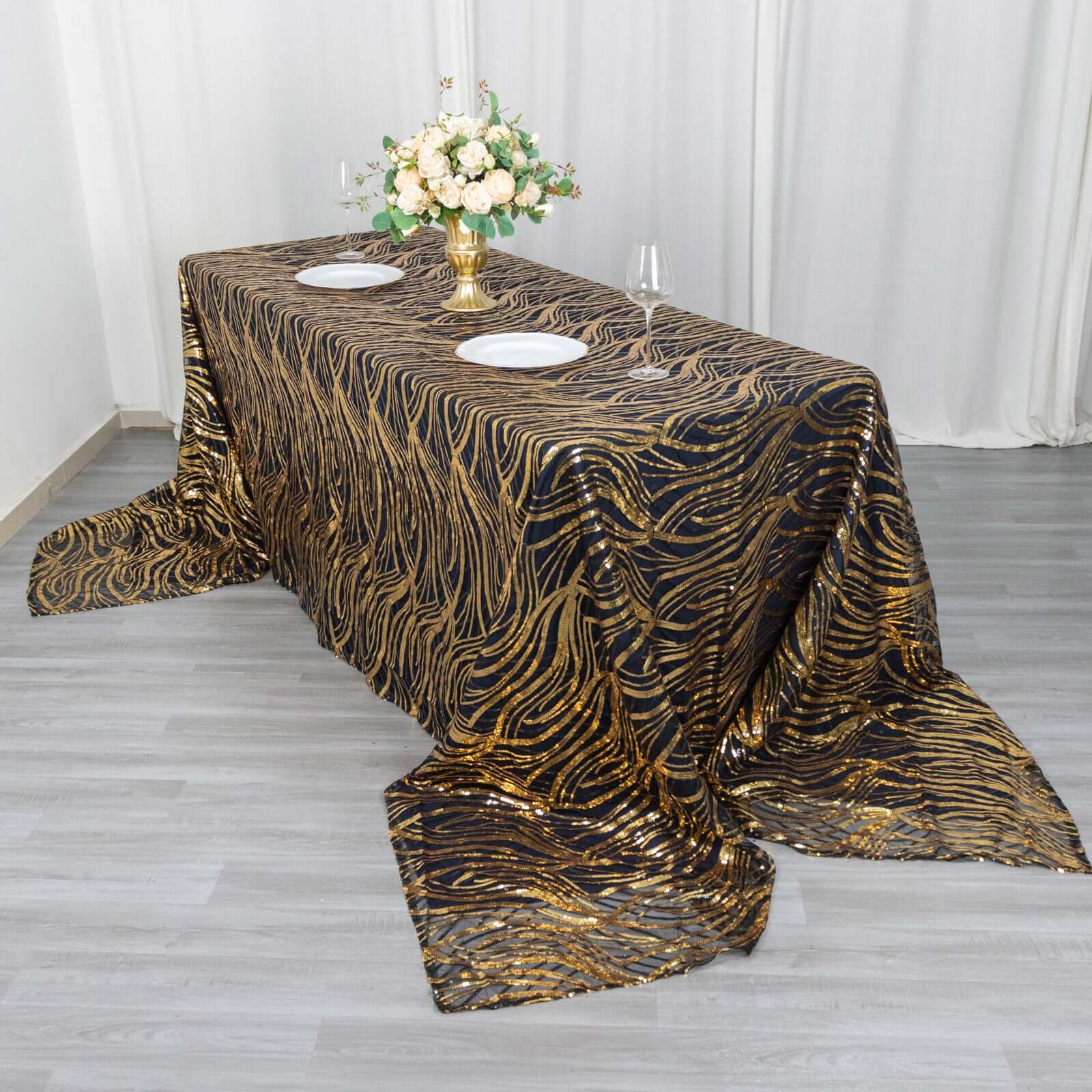 Mesh 90x156 Rectangle Tablecloth Black/Gold - Wave Sequin Embroidered Table Cover