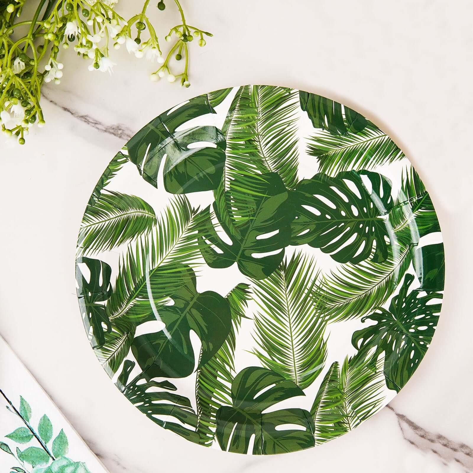 25-Pack Paper 7 Round Dessert Plates in White with Tropical Palm Leaf Design - Disposable 300GSM Appetizer Salad Plates for Boho Chic & Jungle Themed Events