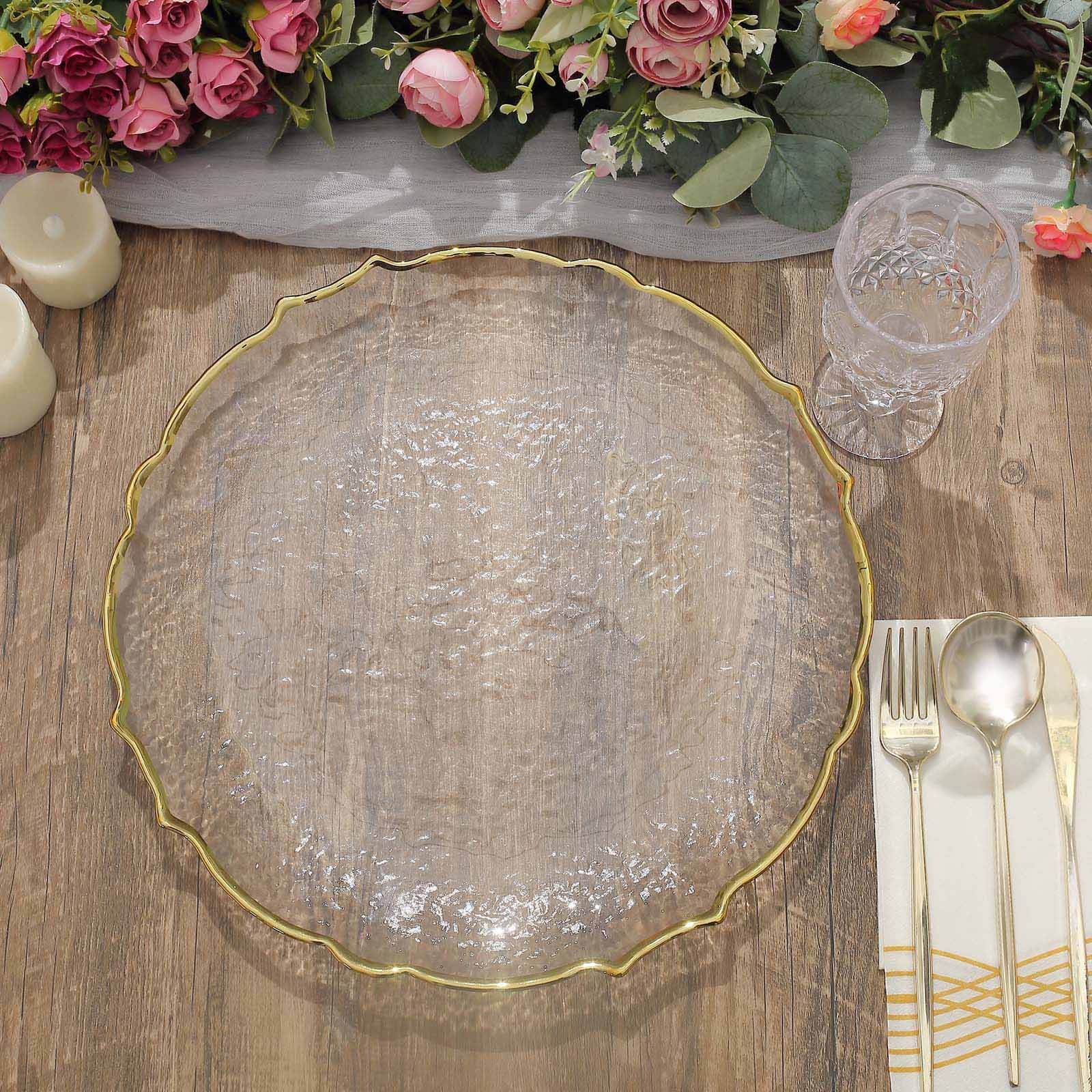 8-Pack Glass Round Charger Plates 13 in Clear with Gold Sunflower Scalloped Rim, Decorative Dinner Chargers