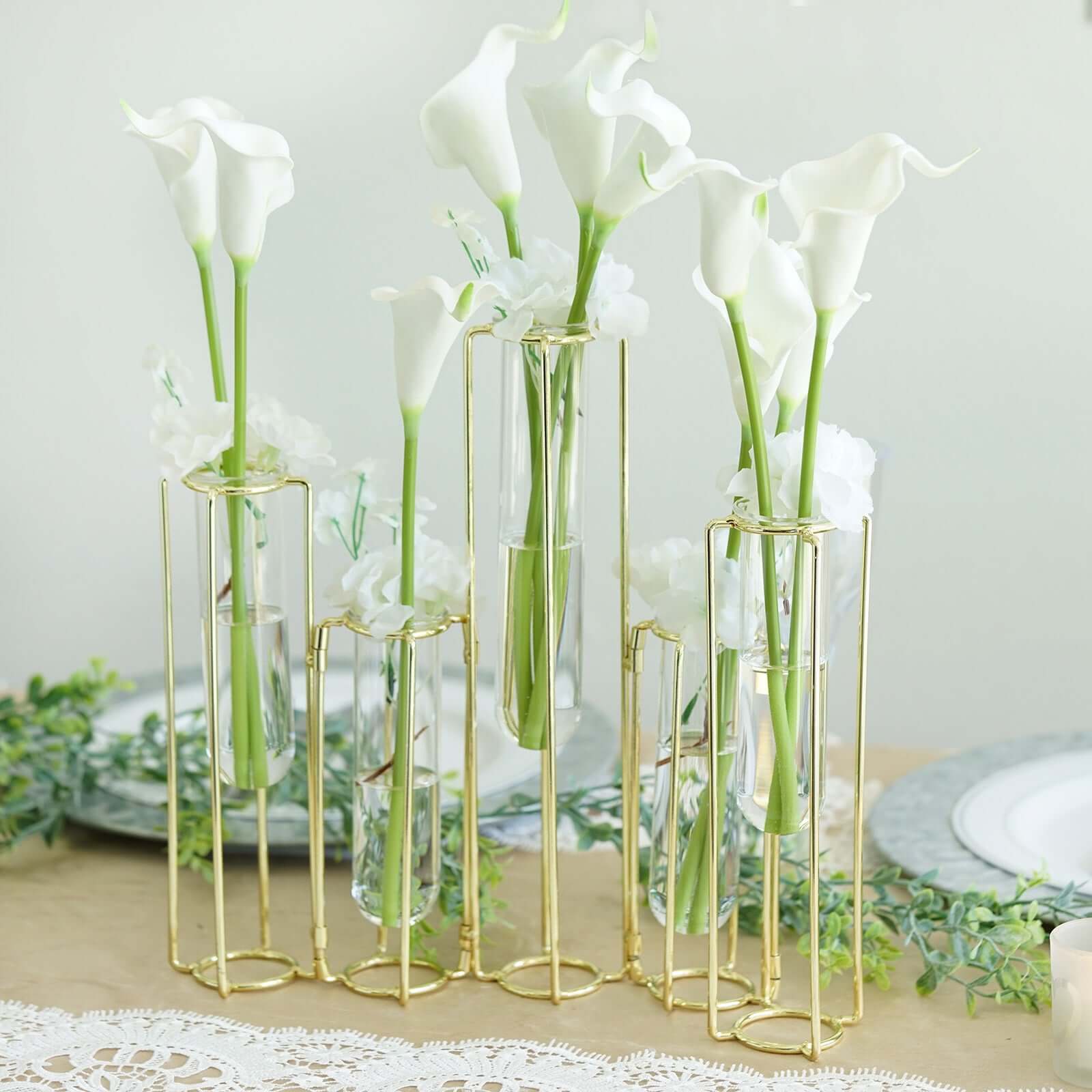 Set of 5 Wedding Centerpieces Gold Frame Conjoined Geometric Design - Test Tube Hydroponic Vases 12