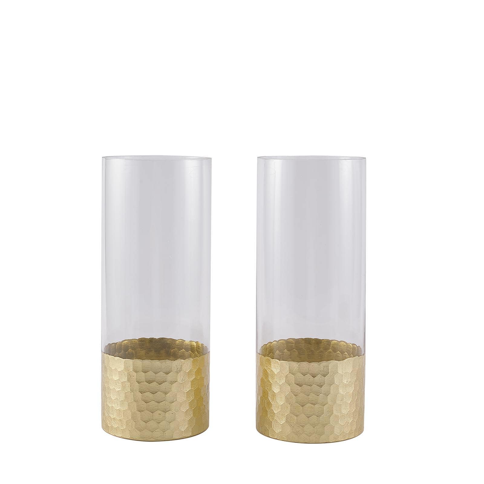 2-Pack Glass Cylinder Vases Honeycomb Design Clear with Gold Base - Decorative Candle Holder Centerpieces 12