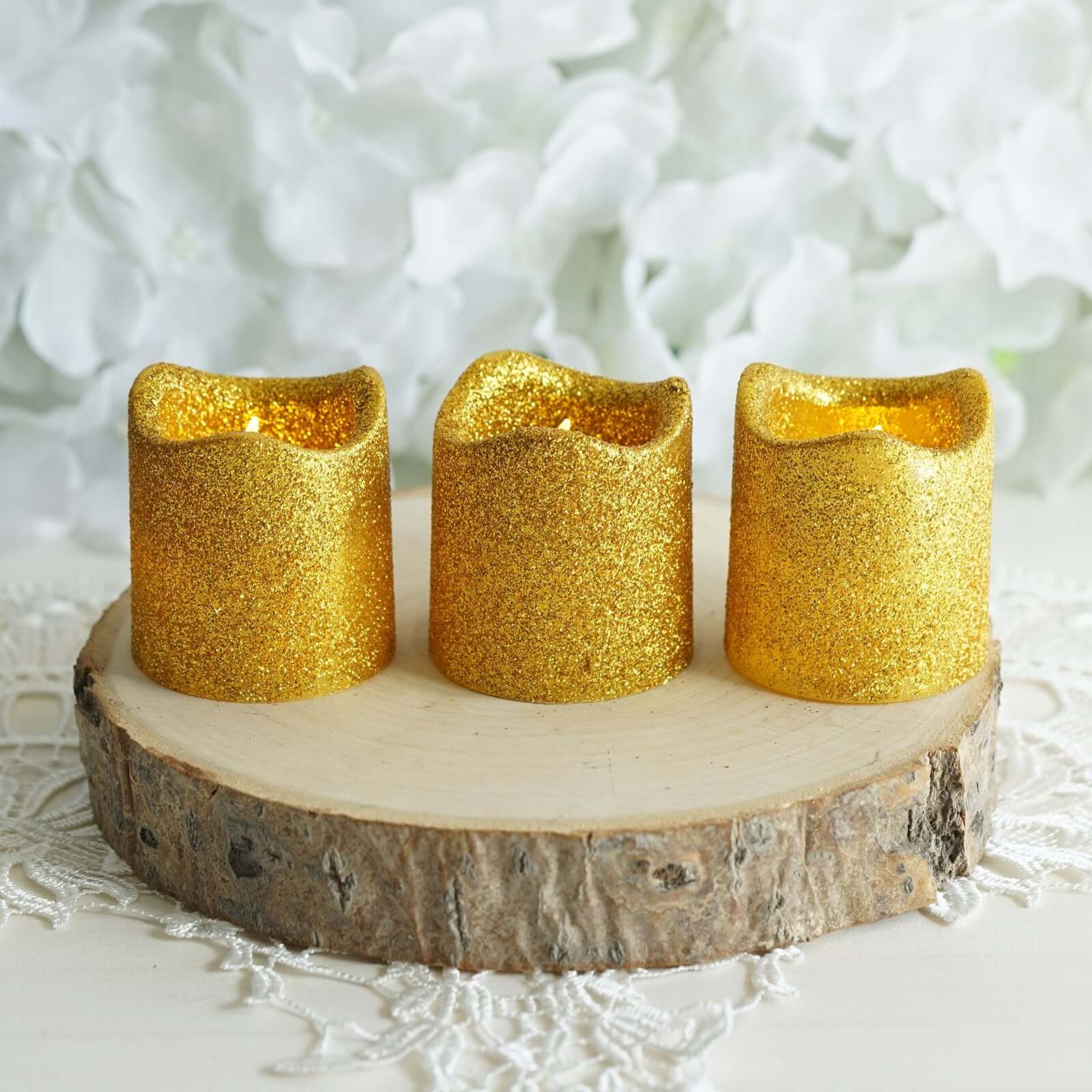 12-Pack LED Votive Candles Glittered Gold Design - Reusable Flameless Battery Operated Lights